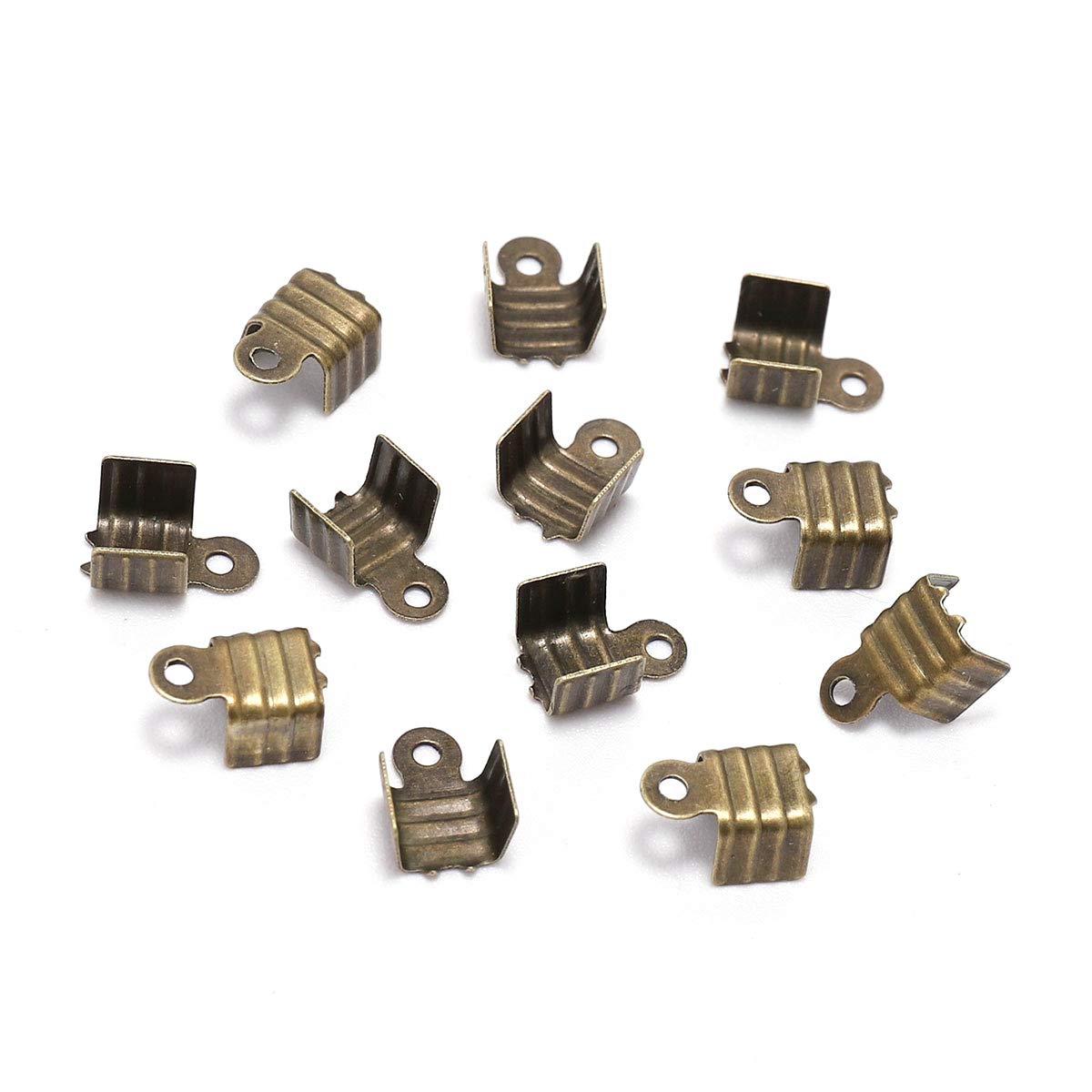 200pcs 8mm Small Cord End Tips Fold Over Clasp Crimp Bead Connector for DIY Jewelry Making Supplies Cord Buckle 4 Sizes 7 Colors (Antique Bronze, 8mm x 11mm)