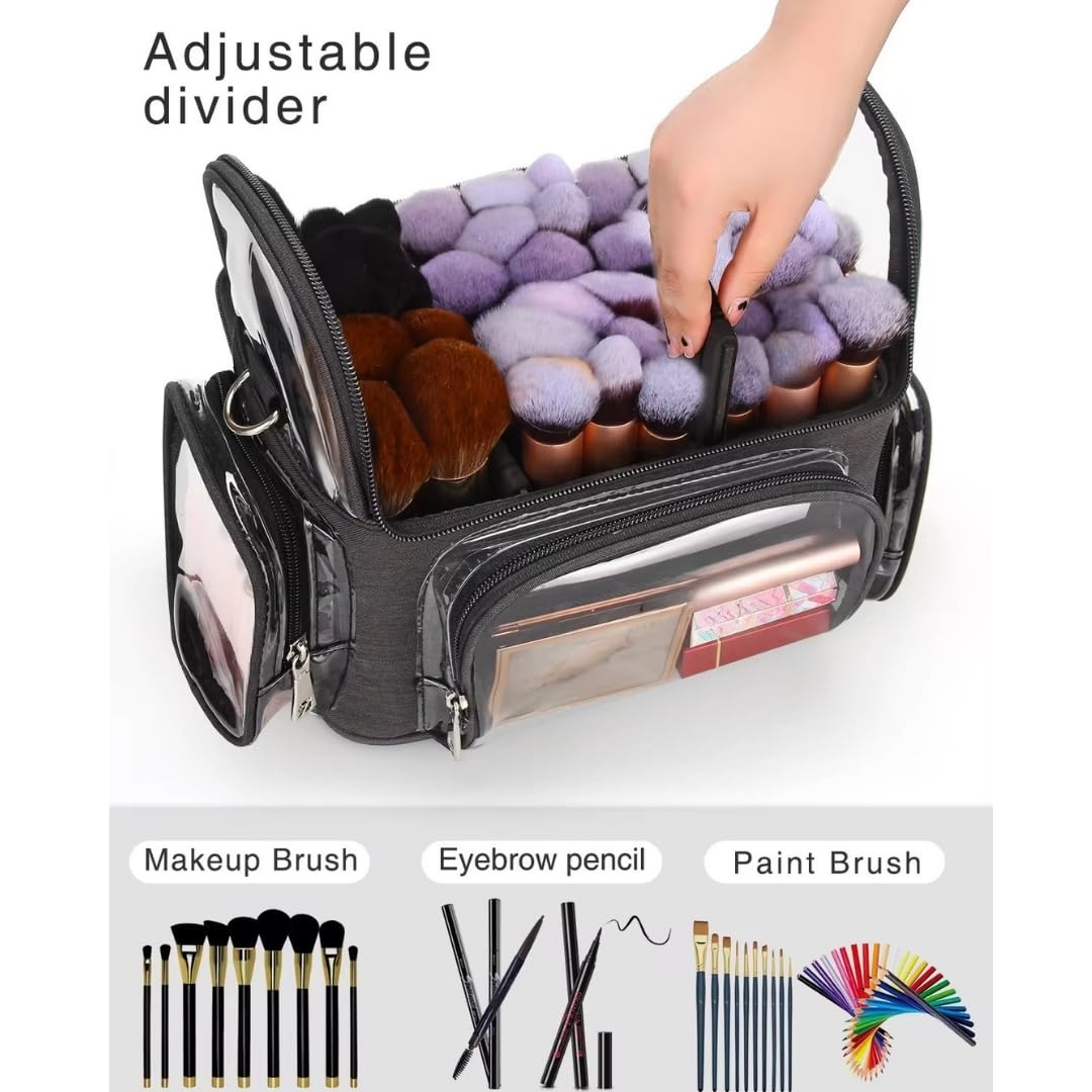 Coslifestore Perfect PVC Cosmetic Makeup Brush Bag with Adjustable Dividers & Side Compartments | Transparent Top TPU Cover | Waterproof Travel Organizer for Liquid Cosmetics, Makeup & Skincare 1