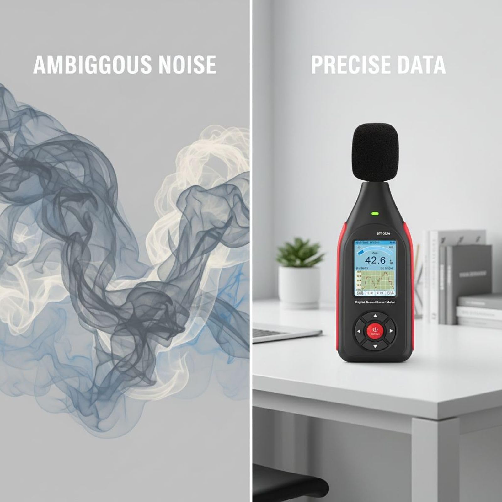 Sound Decibel Meter, GT1355A Digital Reader, 30-130dB Range, ±1.5dB Precisione, VA Schermo a colori, Archiviazione dati, Accesso software, Allarme a 3 colori, 5 Oz, Batteria 8 ore