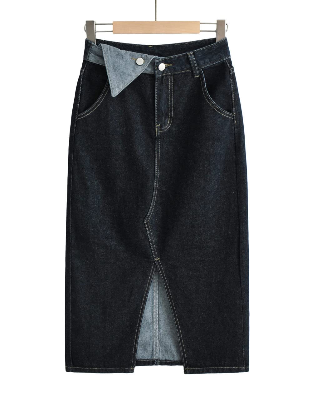 Röcke,Damen-Midirock Blau Grau High Waist Bördelung Schlitz Denim Gerader Rock Hüften Umwickelt Slim A-Linie Mode Schlicht Lange Röcke Für Mädchen Damen,L