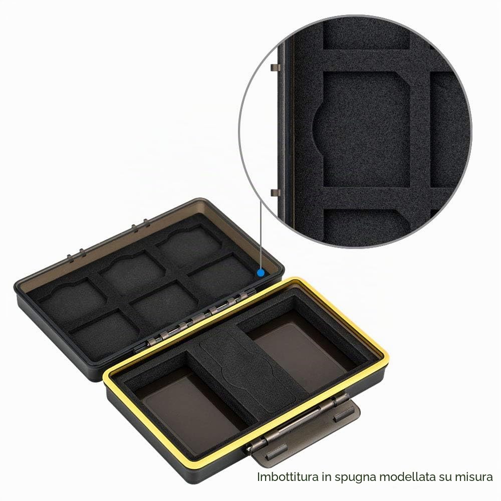 Porta Schede SD Custodia per 6 Schede SD + 2 Pile Batterie - Canon LP-E6 LP-E8 LP-E12 LP-E17 NB-13L Sony NP-FZ100 NP-FW50 NP-BX1 Fujifilm NP-W126 NP-W126S NP-95