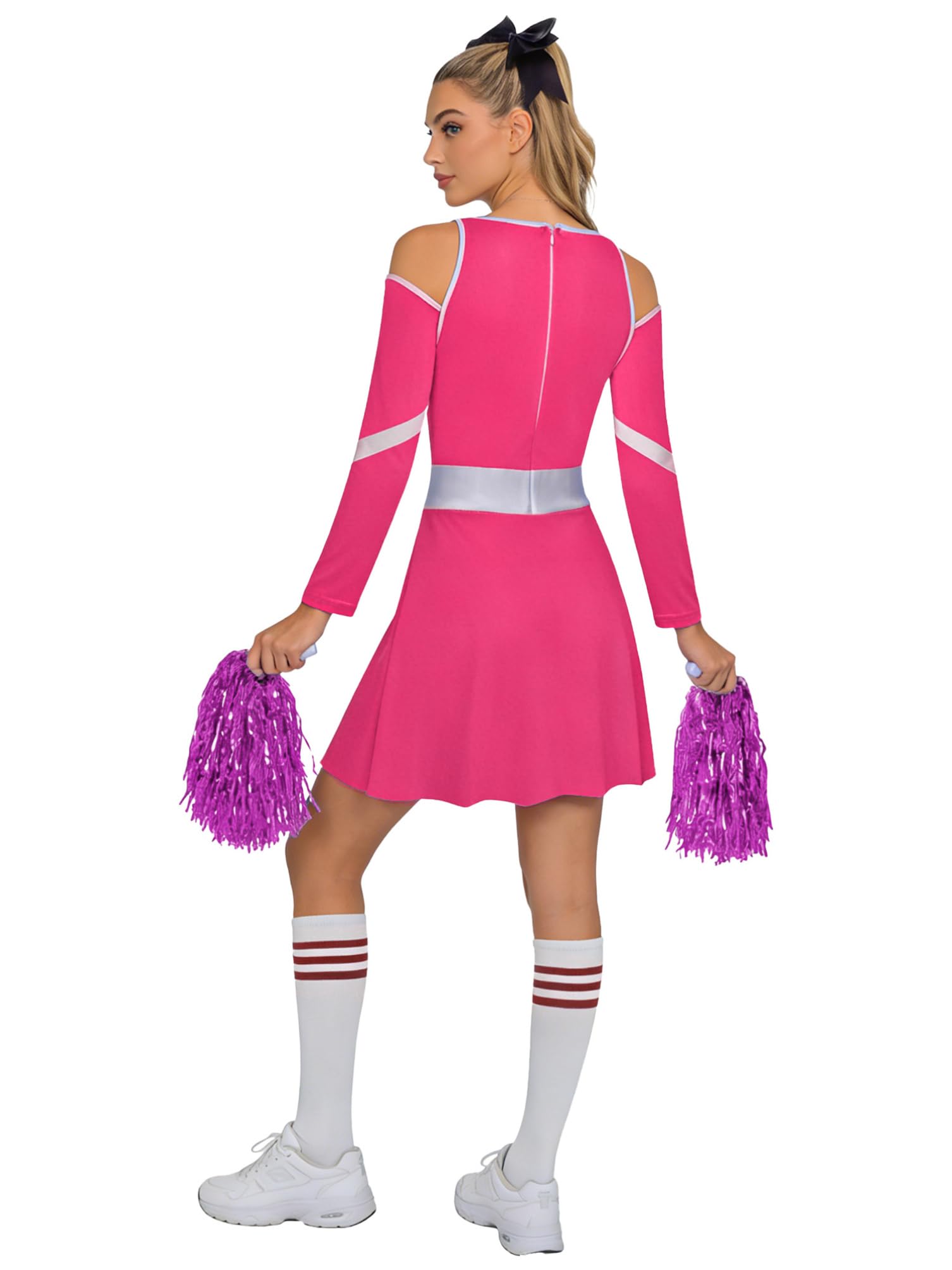 dPois Cheer Leader Kostüm Damen Cheerleading Uniform Kostüm Sport Wettkampf Tanz Uniform Langarm Crop Top Rock mit Strümpfe Pompoms