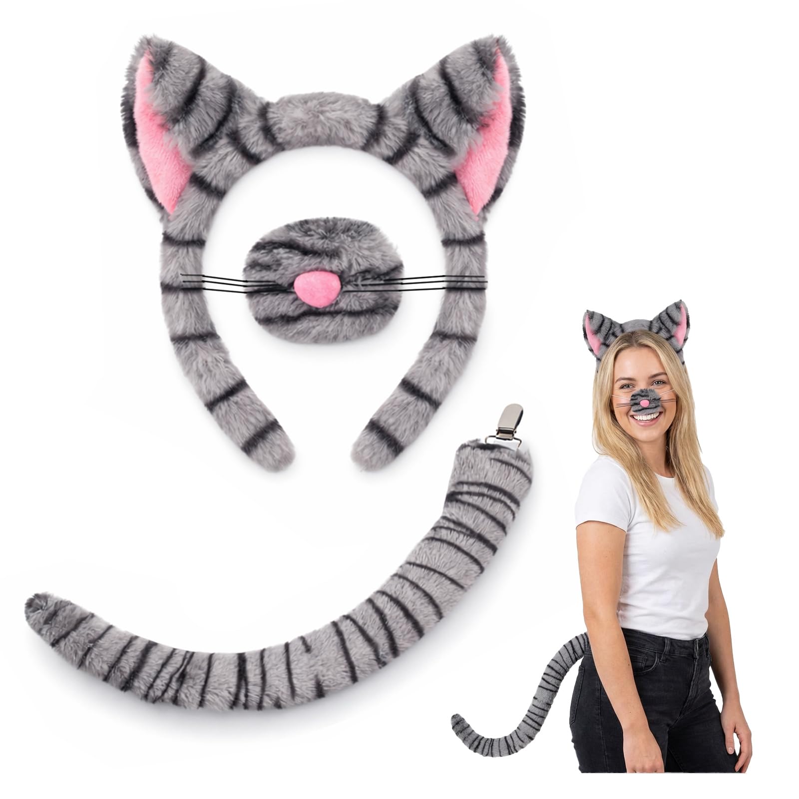 YONEEKSS 3PCS Cat Costume Set, Animal Grey Cat Costume Set with Grey Cat Headband Nose Tail for World Book Day Carnival Fancy Dress Cosplay Halloween Dress Up