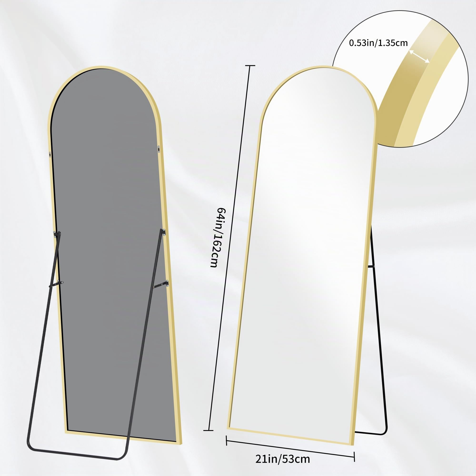 BONEWEI Espejo de Pie Cuerpo Entero Curvado, Espejos Grandes de Pared con Marco de Oro Aluminio 161 x 52 cm, Espejo de Pie Inclinado o Colgante para Salón, Dormitorio, Entrada