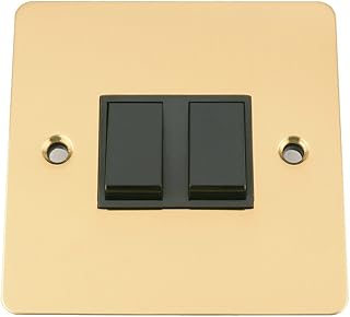 Light Switch 2 Gang - Polished Brass Flat - Black Insert Plastic Switch - 10 Amp Double 2 Gang 2 Way