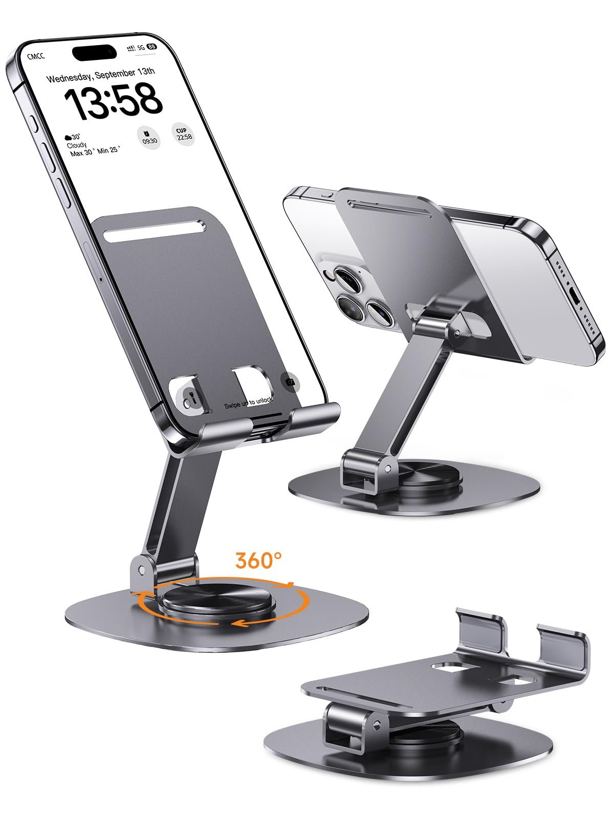 MAGIC JOHN Phone Stand, Phone Holer for Desk, Adjustable and Foldable Phone Stand,Aluminum Alloy, Non-Slip, Stylish, Easy to Use, Durable Phone Holder, Fit for iPhone/iPad/Samsung Series, Sliver
