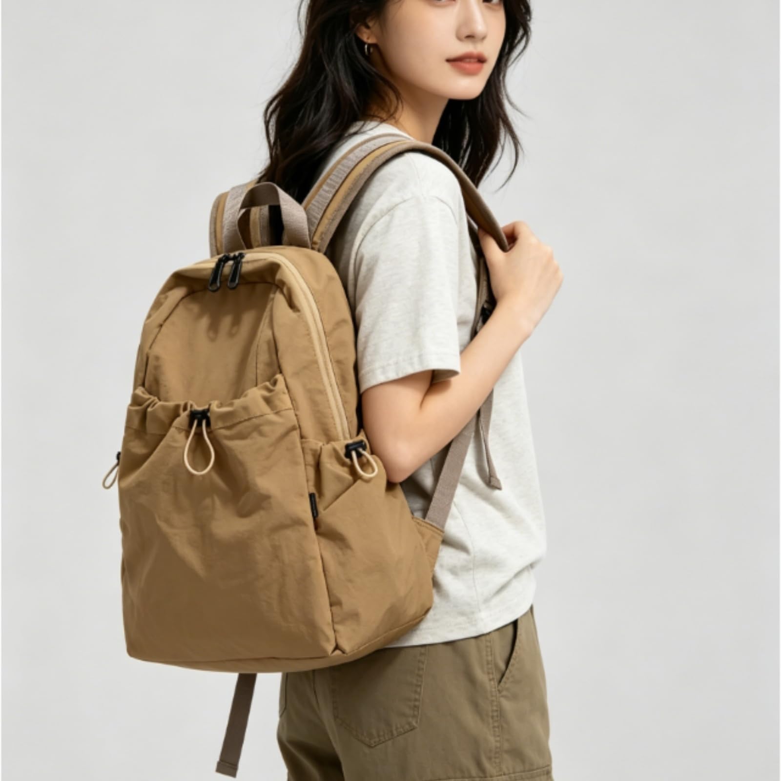 Zaino in Nylon Leggero, Borsa Scolastica per Laptop di Viaggio Casual Multi-Tasca Grande capacità I Giovani-Beige