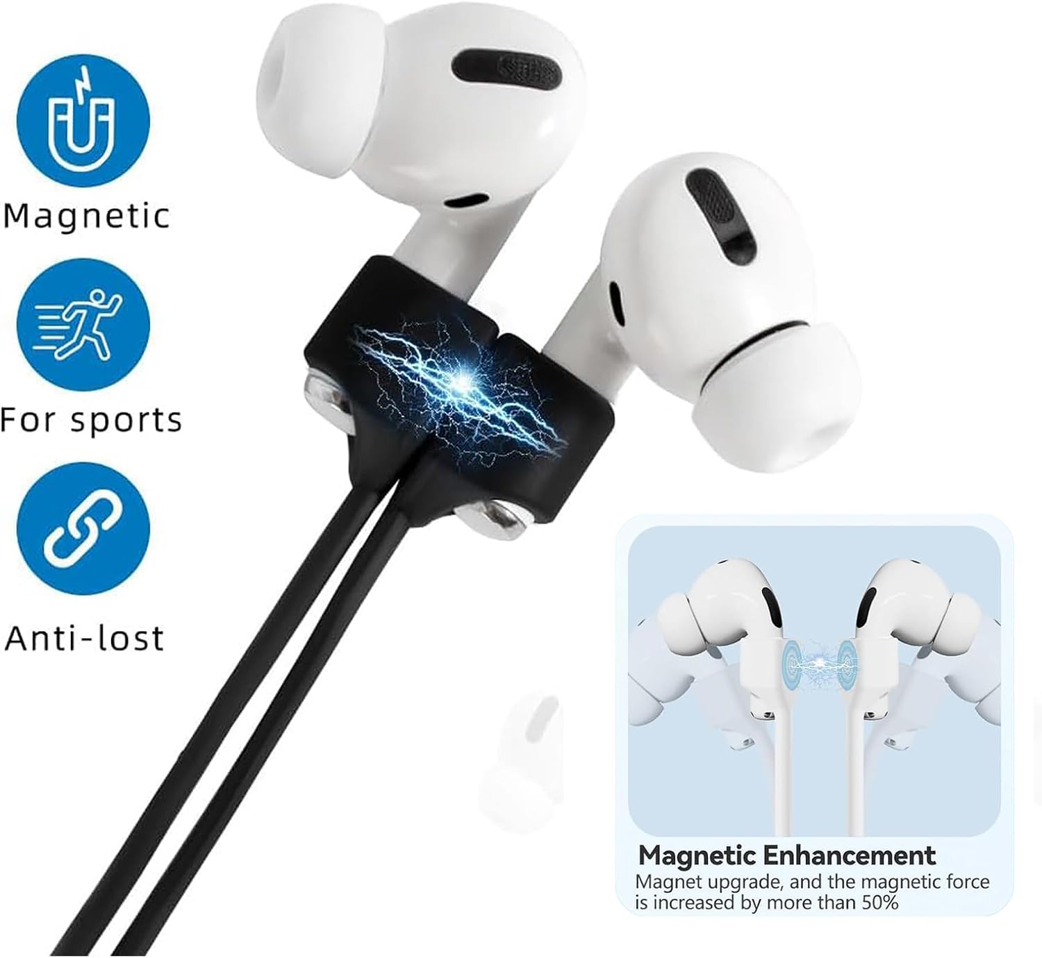 Magnetic Anti-Lost Straps for AirPods, Colorful Soft Silicone Sports Lanyard, Ear Hooks and Neck Rope Cord for AirPod, Wireless Headphones Anti-Lost Rope 4-Pack (Black White Blue)