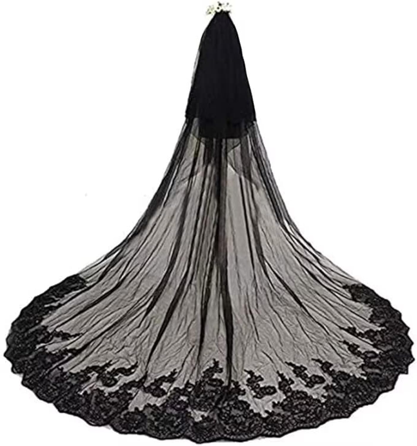 Womens 2 Tiers Black Veil for Bride 3 Meters Cathedral Wedding Veil Long Sequin with Black Lace