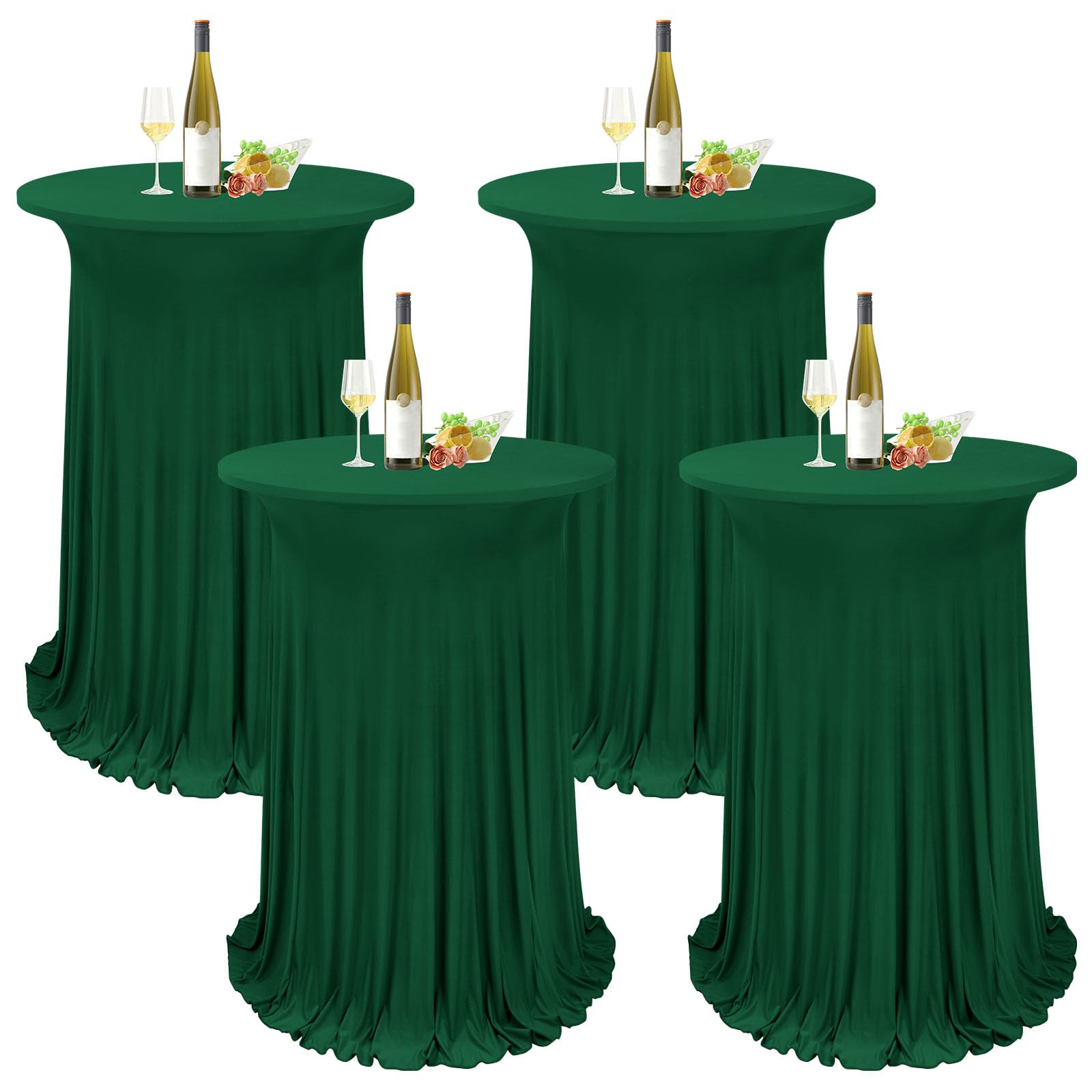 Paquete de 4 faldas redondas de mesa de cóctel de 32 x 43 pulgadas, de elastano elástico con cortinas onduladas, fundas de mesa altas de elastano verde oscuro para bodas, bares, fiestas
