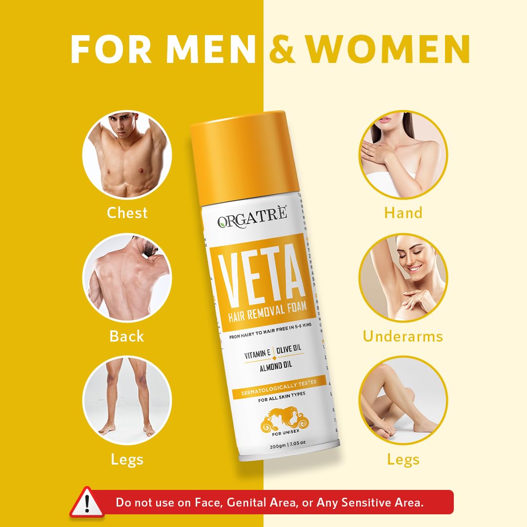 Orgatre Veta Hair Removal Foam Wash For Men & Women | Painless Body Hair Removal Spray For Chest, Back, Legs & Under Arms| Hair Removal Cream Spray - 200 Gm - Image 6 thumbnail