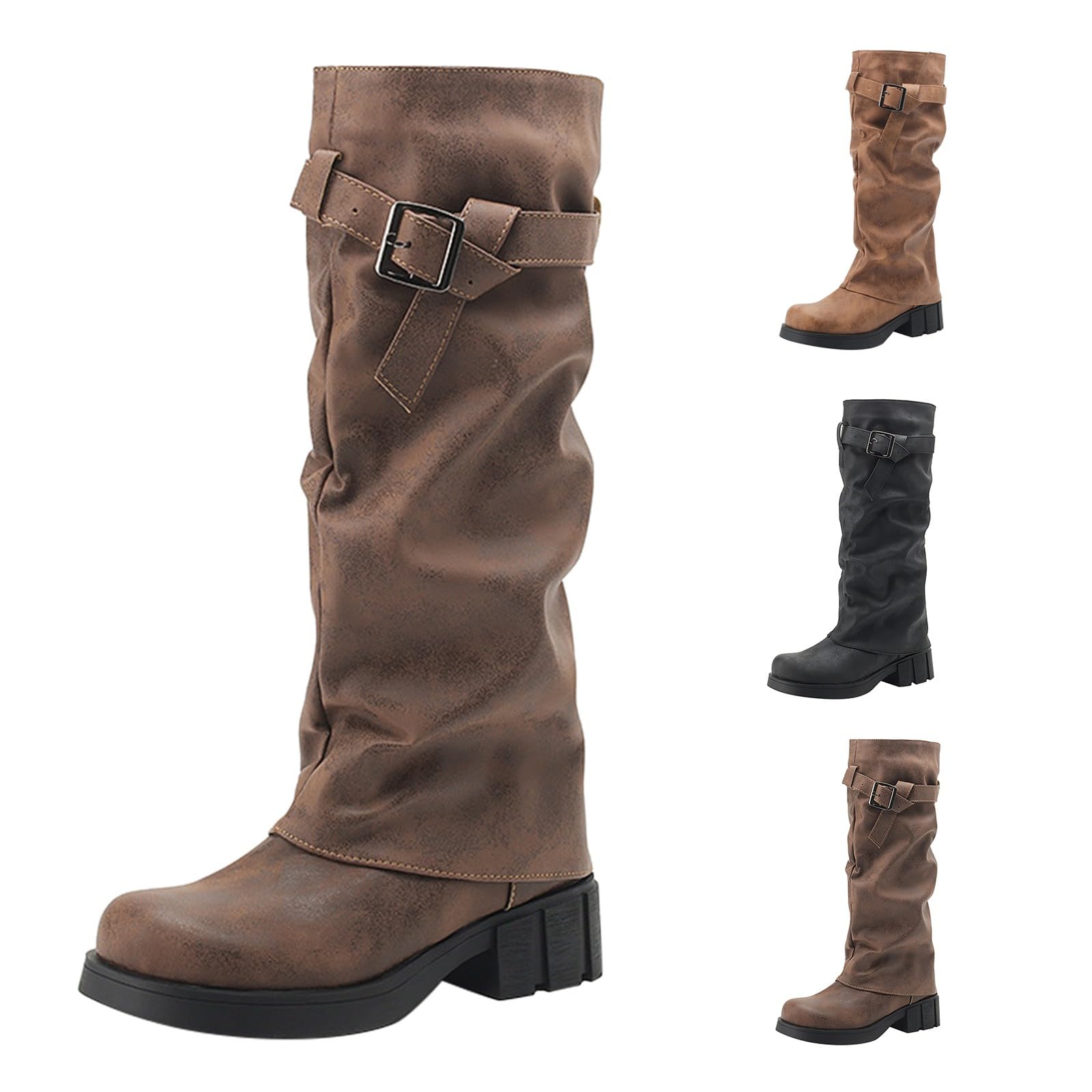 Bottes western pour femme - Bout rond - Bottes hautes pour femme - Bottes de cowboy avec boucle - Bottes longues en daim - Bottes à enfiler - Bottes gothiques punk à plateau