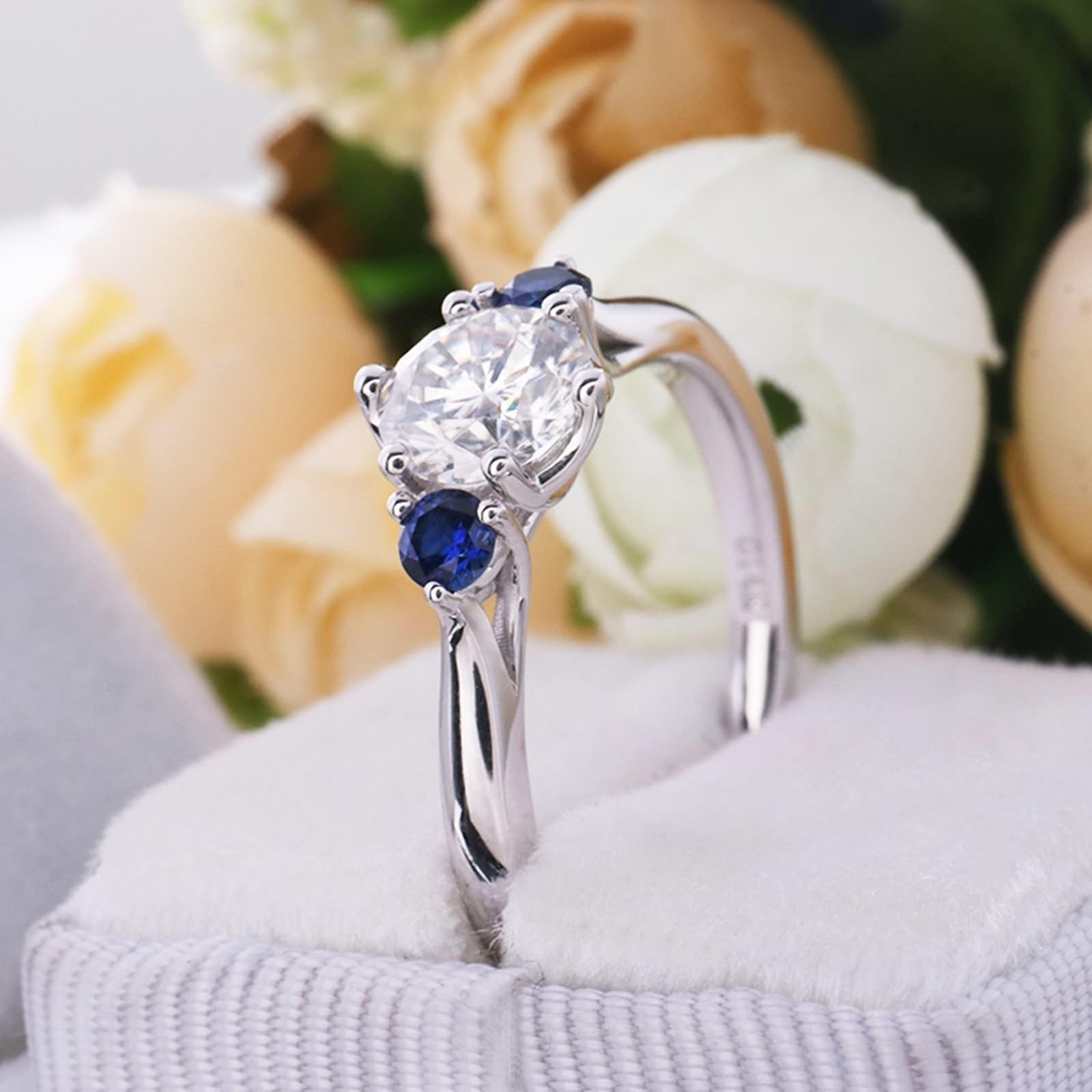 AMDXD Echtschmuck 9K/14K/18K Weißgold Eheringe, Klassiker Antragsring mit Moissanit Weiß Blau, Partnerringe Weiß Gold Au 375/585/750, Gr.47-62