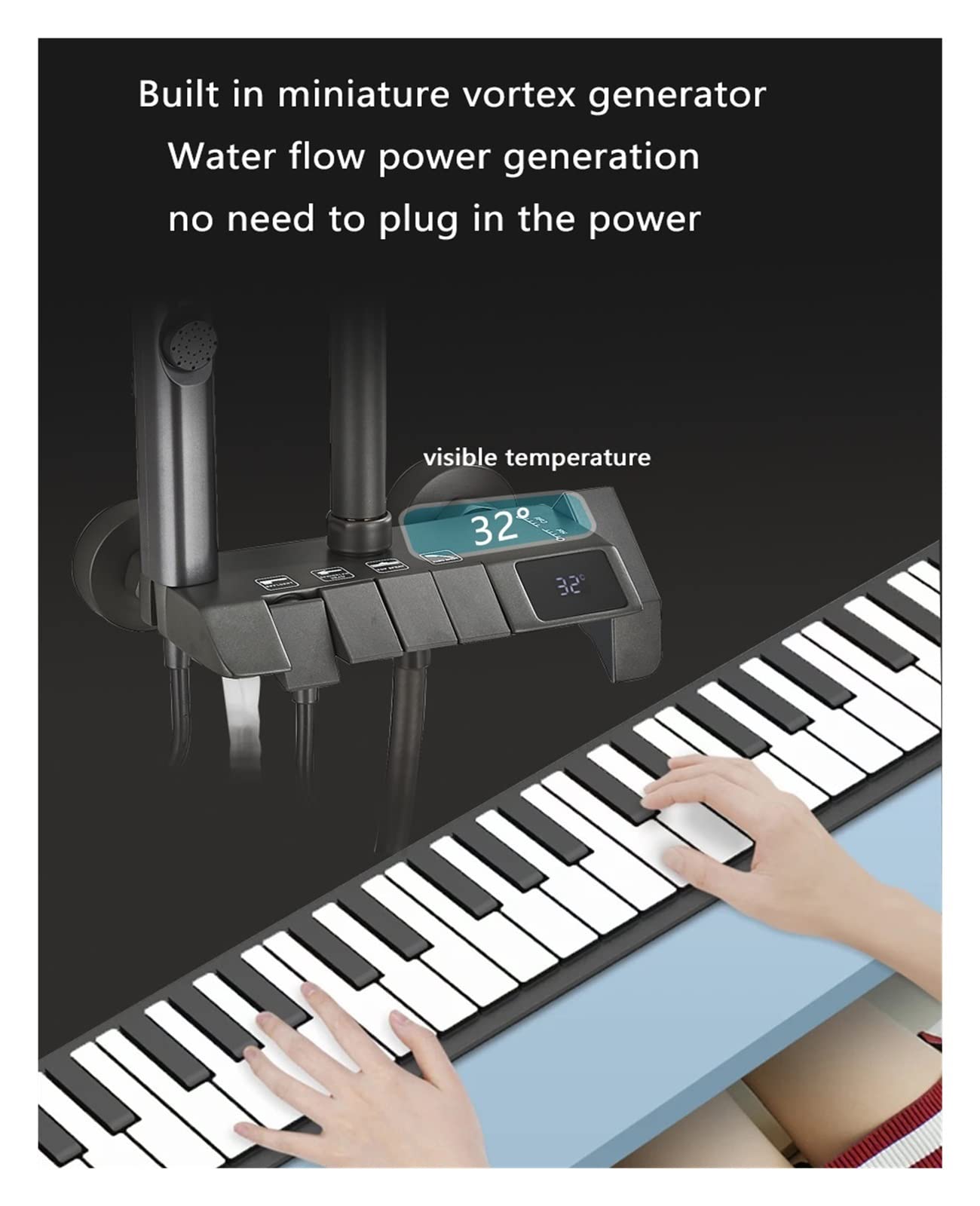Set Doccia Digitale for Pianoforte Grigio Rubinetti Doccia for Bagno in Ottone Intelligente Rubinetto a Cascata Calda e Fredda Doccia Grigio a Pioggia(Noir)