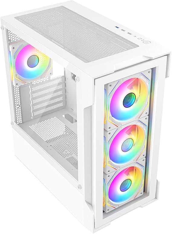 CiT Bolt Gaming PC Case, Micro ATX PC Case with 4 ARGB Fans, Glass, White