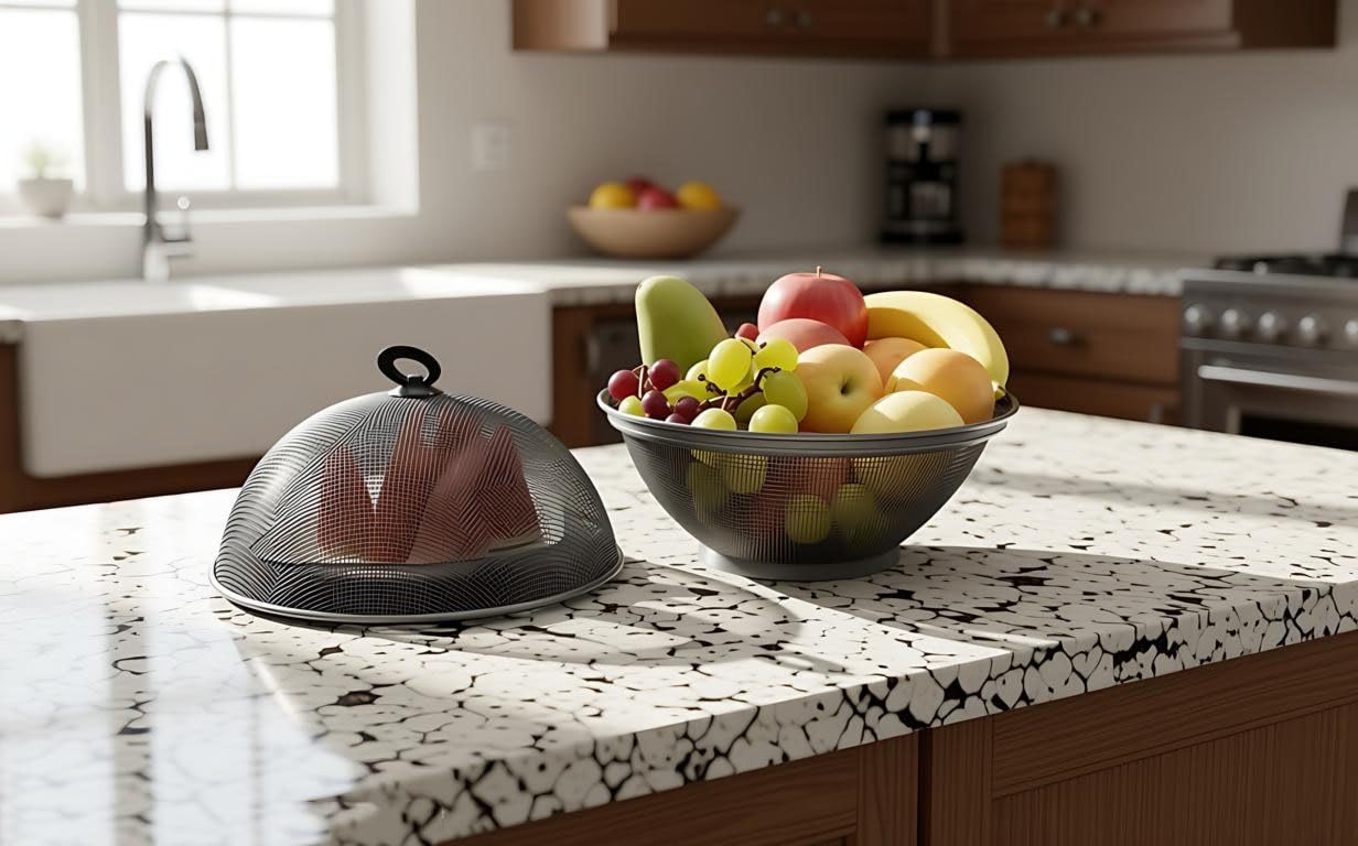 Fruttiera con Coperchio,Portafrutta in Metallo con Rete Traspirante per snack，cesto di frutta con coperchio in rete cesto di frutta con coperchio per ornamenti da cucina P27xL27xH24 cm (grigio)