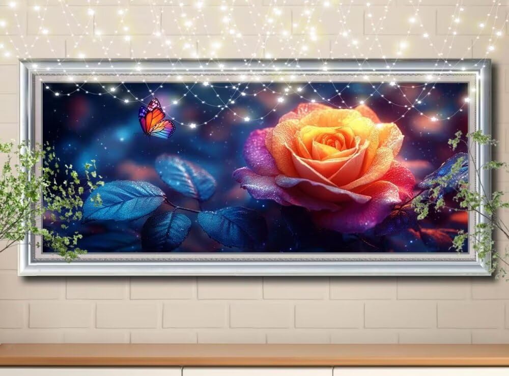 Zestaw do malowania diamentami 5D, róża, niebieski motyl, obraz do malowania diamentami dla dorosłych (80 x 200 cm), "zrób to sam", haft diamentowy według liczb, obraz do dekoracji ściennej 8E-4063