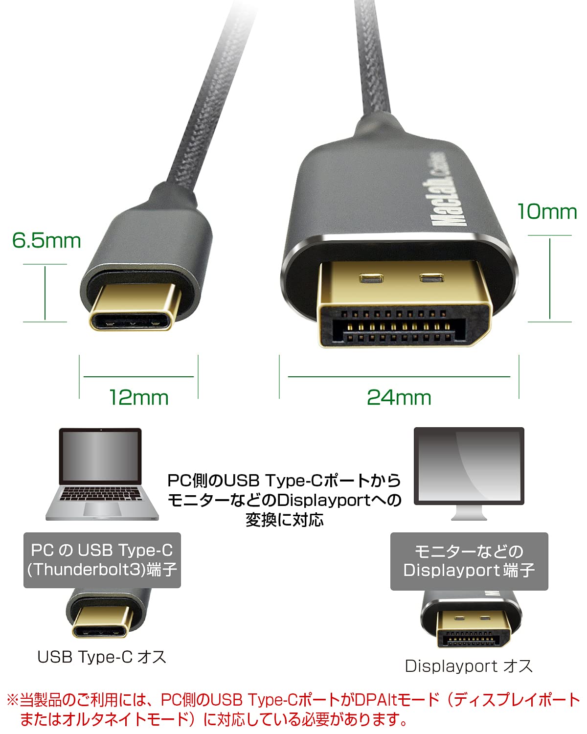 Amazon.co.jp: MacLab. USB Type-C Displayport 変換 ケーブル 1.8m