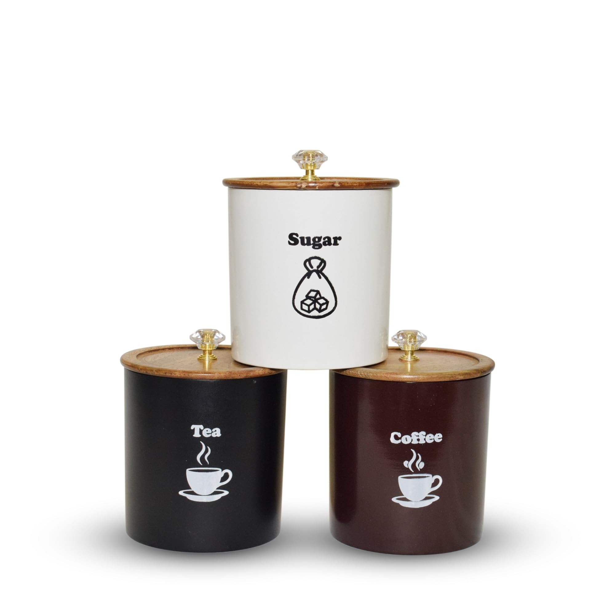 ARTISTIC INDIAN CRAFTS Metal Tea, Sugar & Coffee Containers with Wooden Lid | Kitchen Containers, Airtight Containers Storage, Jar for Kitchen | Black, Ivory & Brown