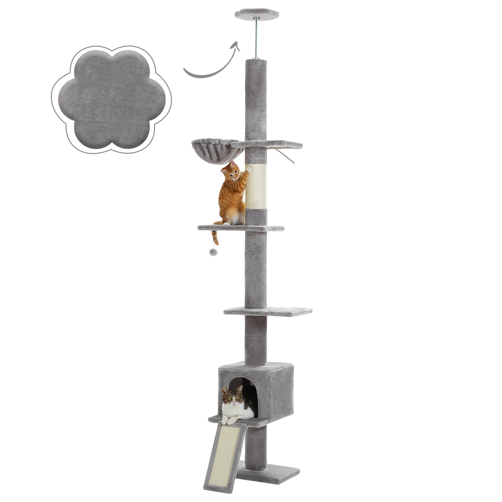 PEQULTI Cat Tree Floor to Ceiling, Tall Cat Tower, Adjustable Height (83''-108'') 5 Tiers Climbing Tree for Indoor Cats with Cat Condo, Scratching Post and Ladder, Grey