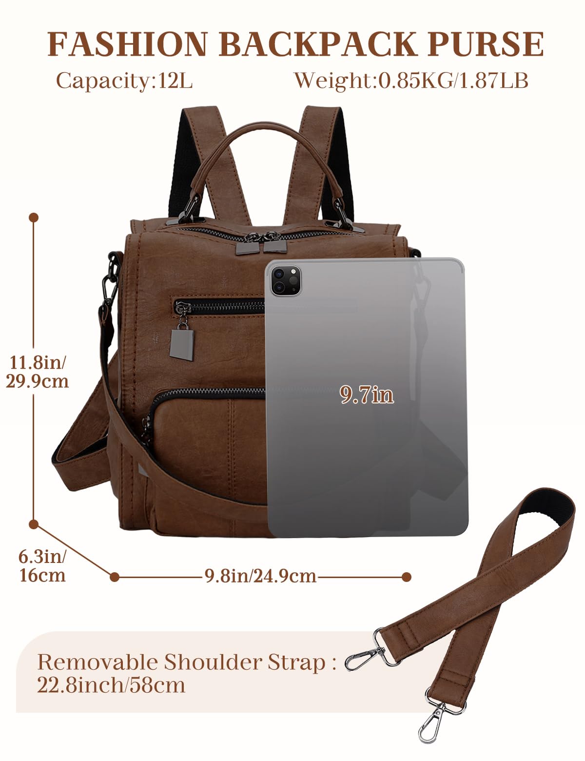 RAVUO Mochila Pequeña Mujer,Impermeable Bolso Mochila de Cuero Pu Mini Mochila Casual Bolso de Mano para Viaje Escolar,Marrón