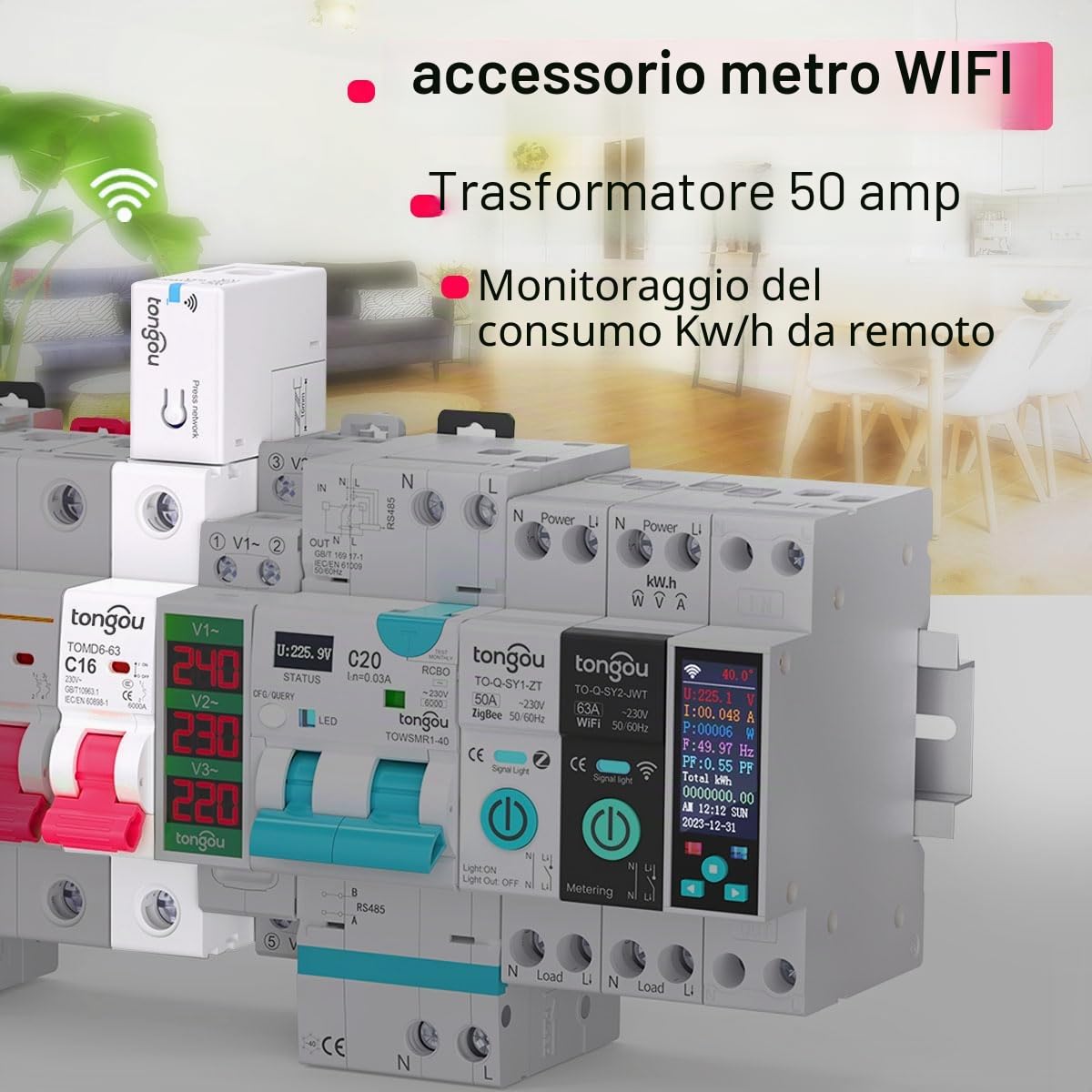 TONGOU 4 PCS Misuratore di energia WIFI Smart life, Ripristino dei consumi ed esportazione dei dati, accessorio del contatore elettrico di vita intelligente (50A/ 100~240vac)