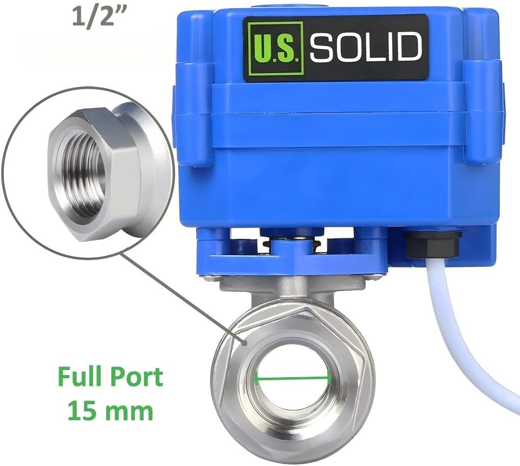 U.S. Solid 1/2" Motorized Ball Valve - NSF Certified 304 Stainless Steel Electric Valve, Normally Closed (N.C.), 9-24V DC, 5-Wire Control with Built-in Visual Open/Closed Position Indicator, Full Port