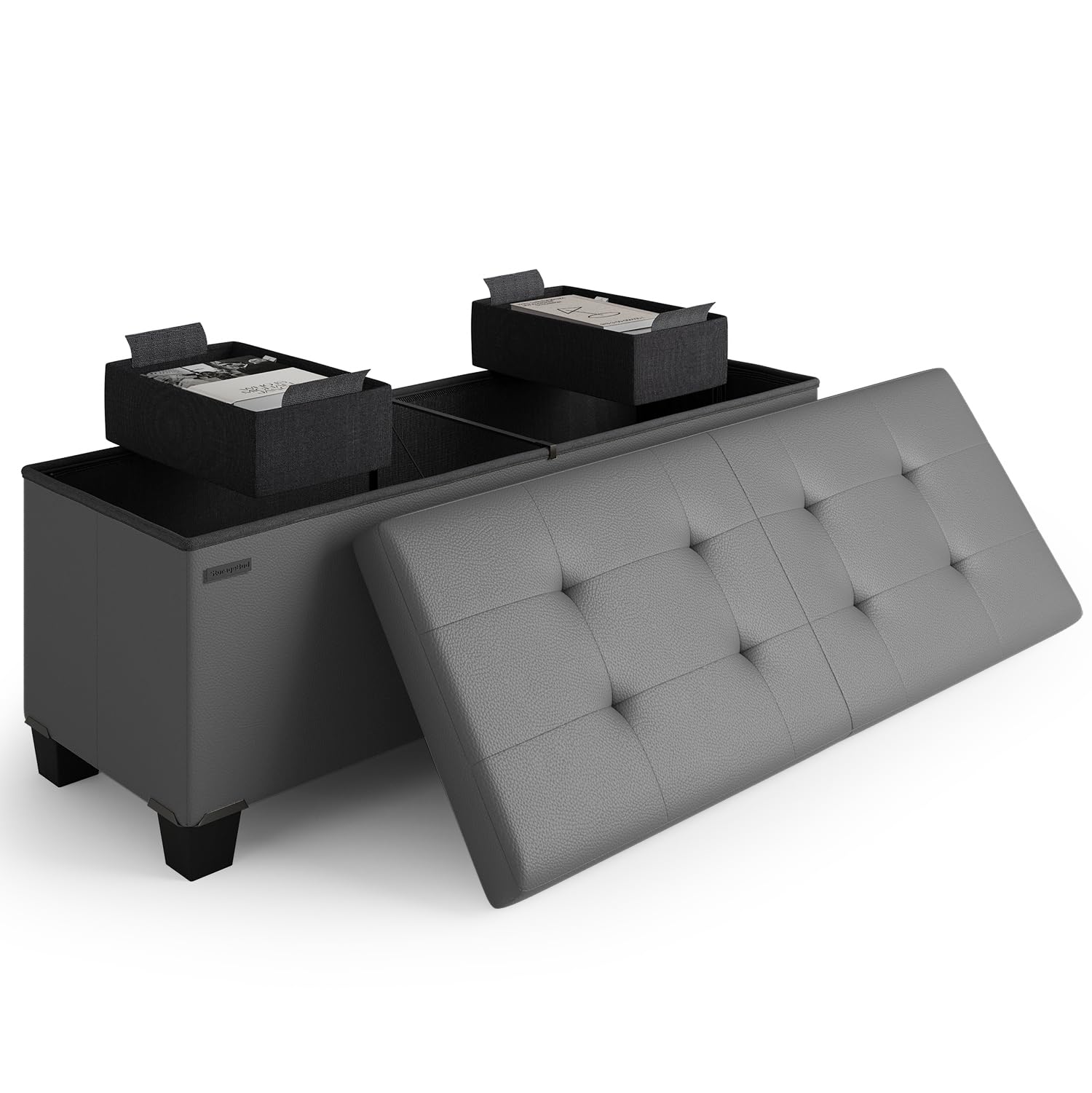 Storage Ottoman Bench with Bins, 43-in Storage Bench for Bedroom End of Bed, Folding Foot Rest Ottoman for Living Room Max 660lbs, Faux Leather Ottomans, Grey