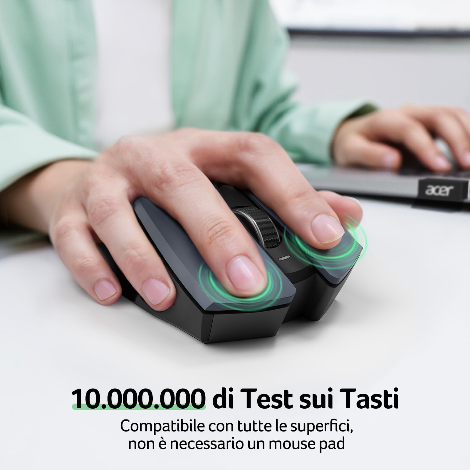 Acer Mouse Wireless Ergonomico, mouse computer ottico USB senza fili 2,4 GHz 1600 DPI regolabile 6 pulsanti