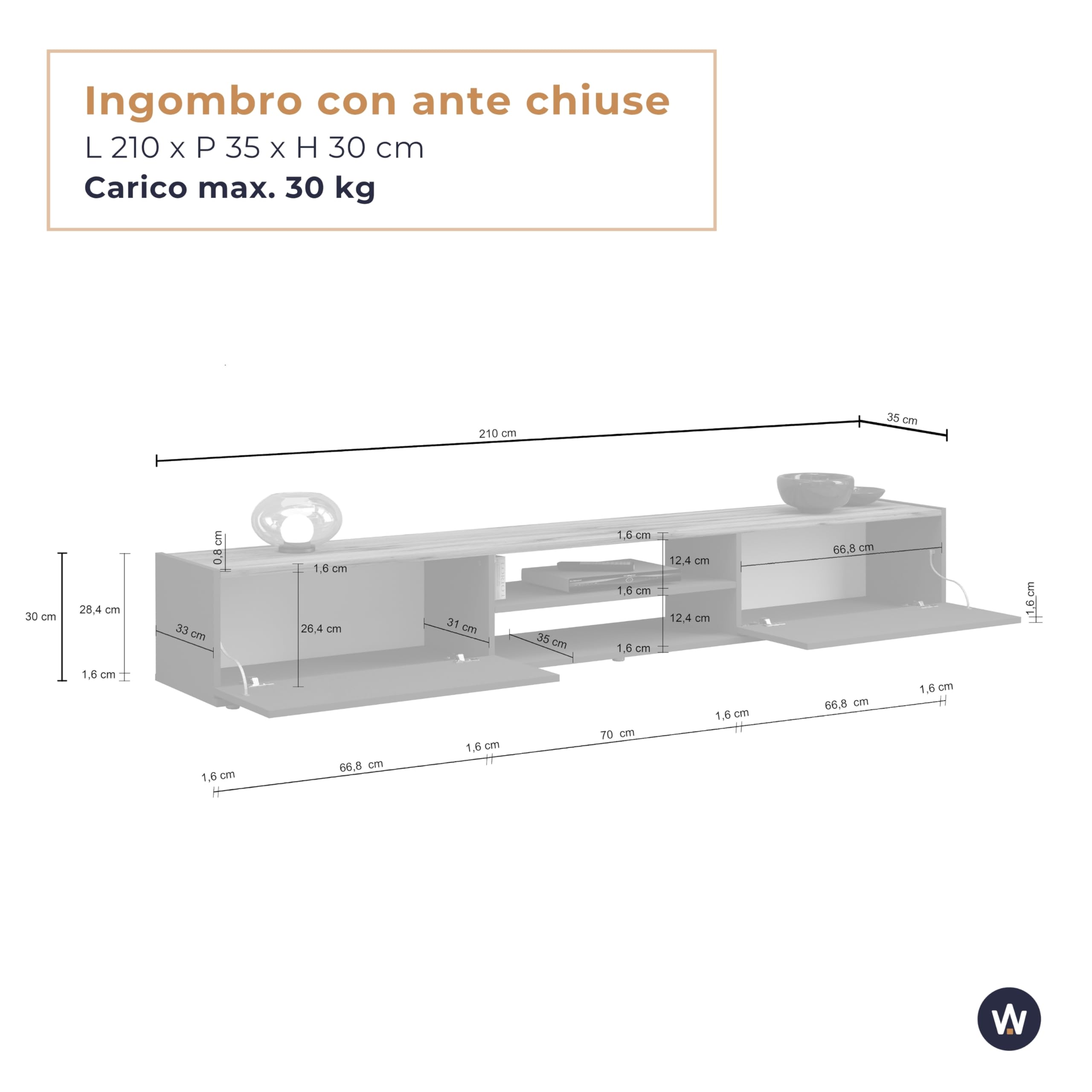 WHOUS Mobile Porta TV Sospeso GARDA per Soggiorno con 2 Ante a Ribalta e 1 Ripiano Centrale, Mobile Tv a Parete per Salotto, 210x35x30 cm, Antracite Opaco e Rovere