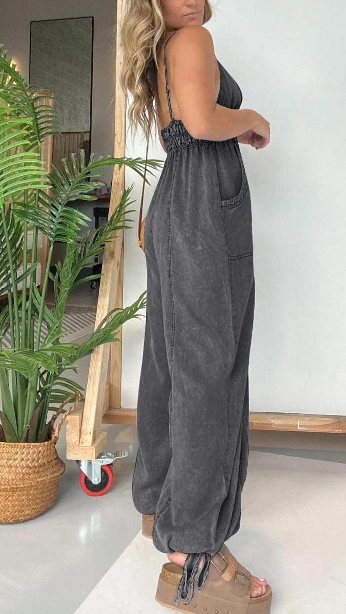 utcoco Womens Smocked Elastic Waist Denim Jumpsuit Sleeveless Adjustable Straps Wide Leg Jeans Overall Jumpsuits