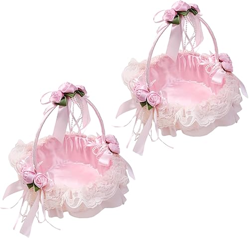 Miniatura 10 de Cesta de encaje rosa para niña de flores, cesta de pétalos de boda, cesta de niña de flores con asa, cesta de regalo de boda, cesta de flores de