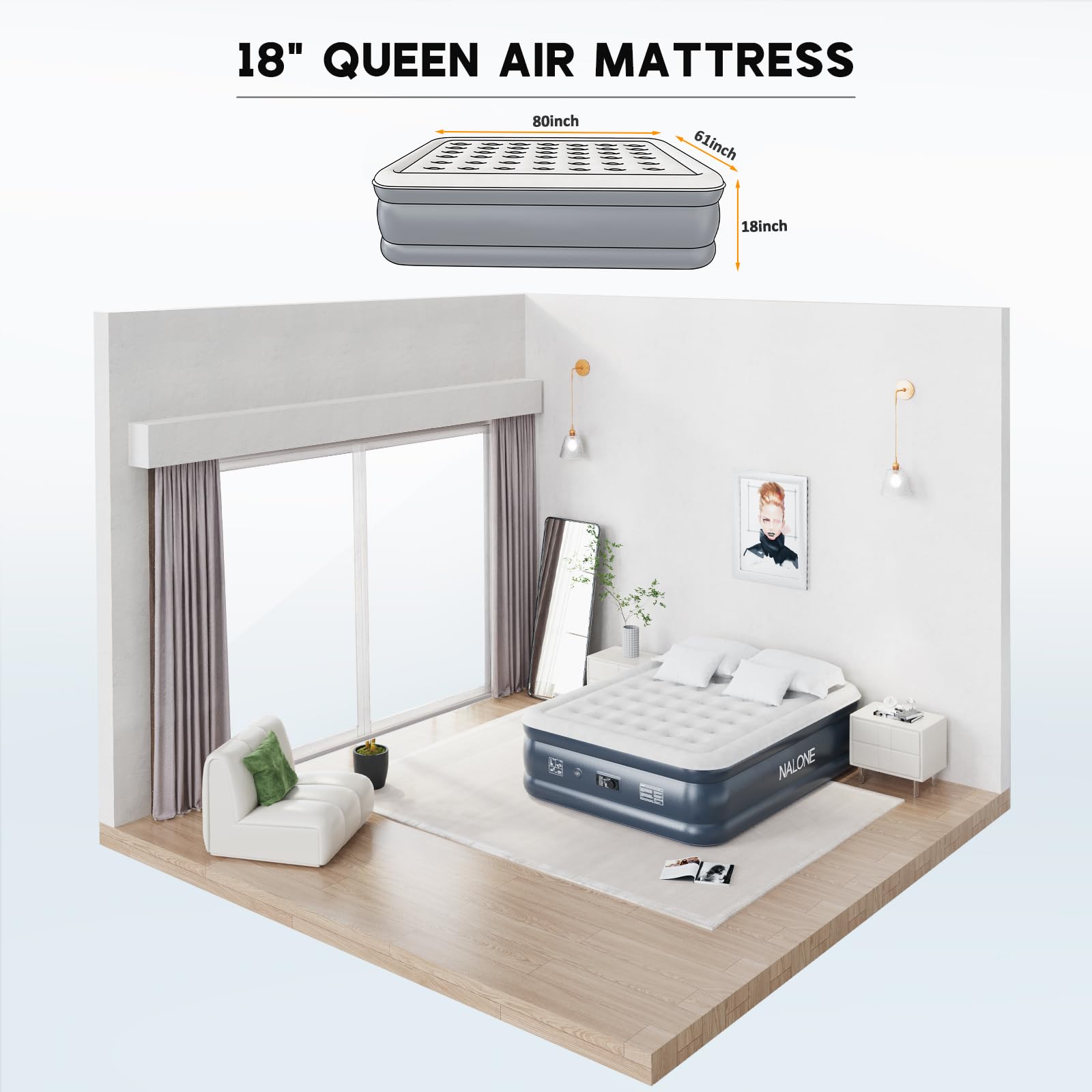 NALONE Materasso gonfiabile matrimoniale,Letto matrimoniale gonfiabile,Materasso d'aria auto gonfiante con pompa integrata,Letto gonfiabile in 3 minuti, Uso domestico 203x152x46cm