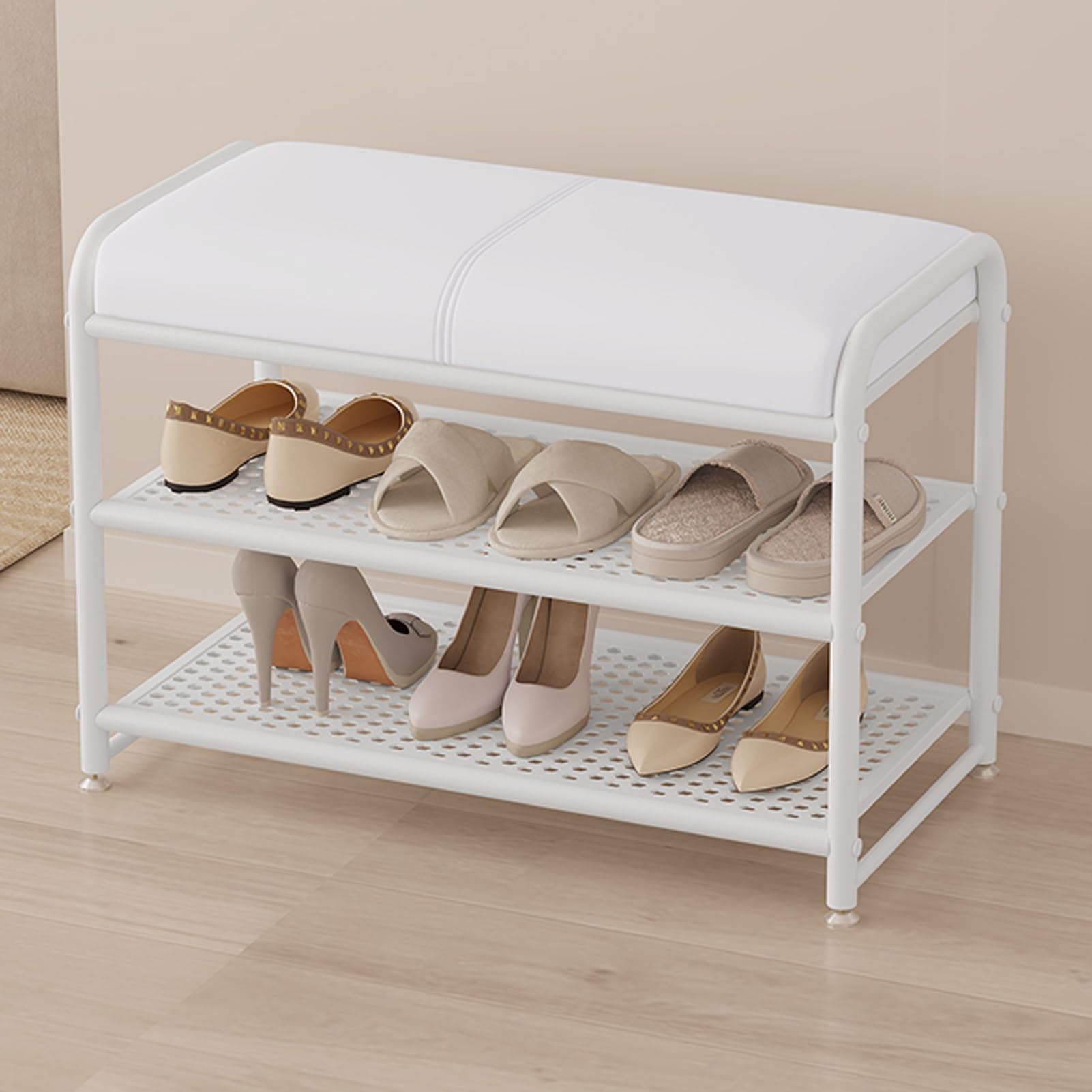 GHFXSCV Shoe Storage Bench with PU Leather Cushion, Upholstered Entryway Shoe Rack, Metal Frame Hallway nizer, Modern White Design (50x32.5x48cm)