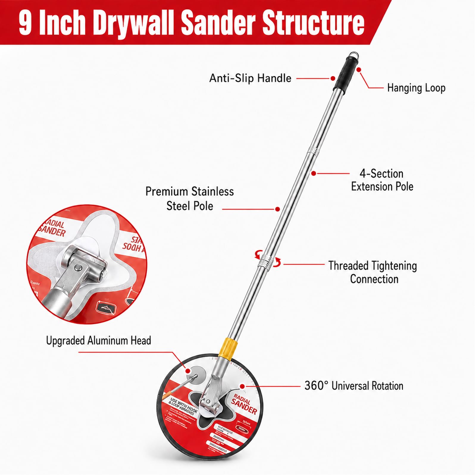Lijadora de paneles de yeso de 9 pulgadas con poste de extensión para limpieza y pulido de paredes, lijadora de pared para preparación de pintura, lijadora radial circular 360 + 25 discos de lijado de