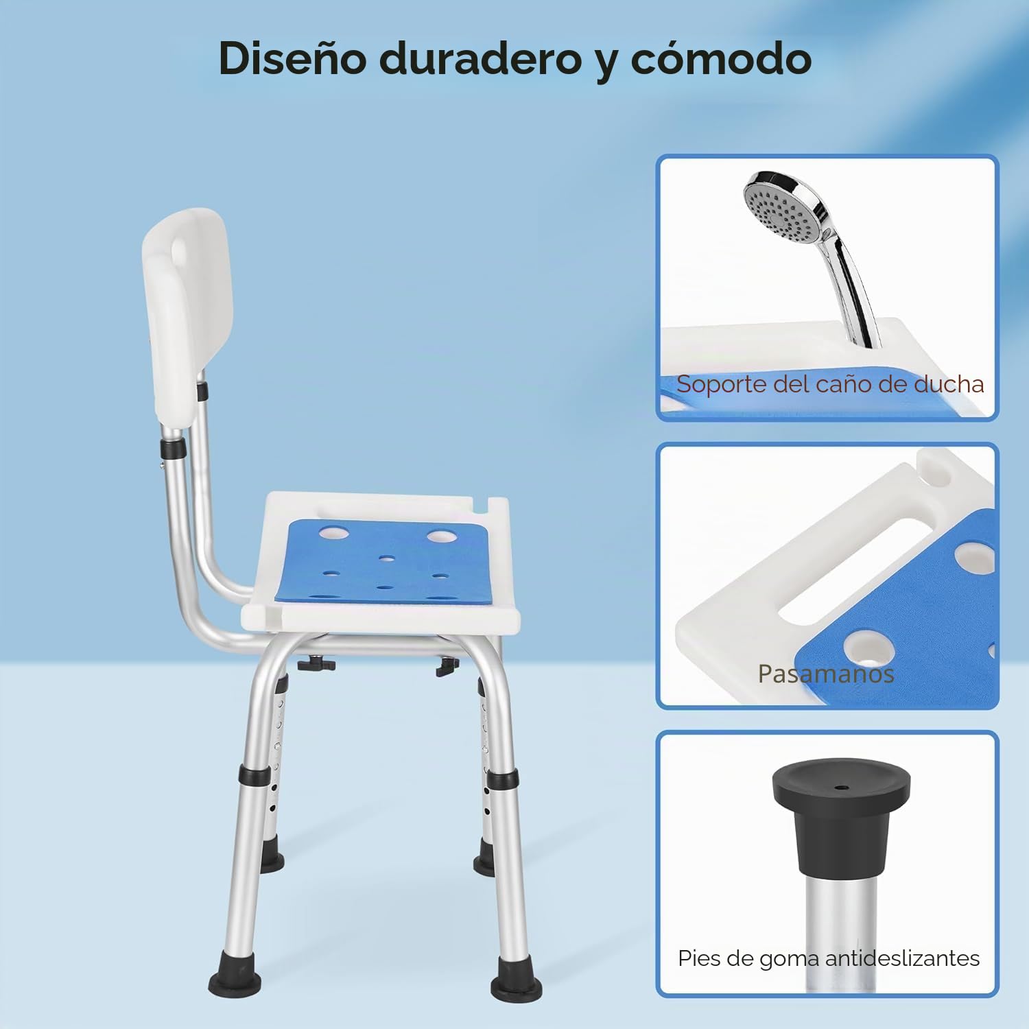 Careboda Silla de ducha ajustable de 6 alturas con montaje sin herramientas, silla de bañera de aluminio con cojín de asiento para ducha interior, antideslizante para seguridad