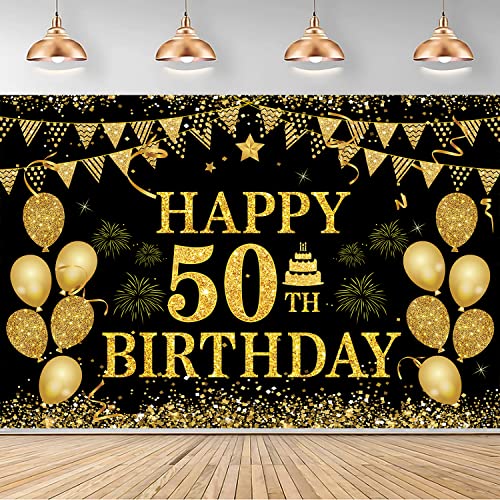 Image of 50th Birthday Decorations for Men Women - Happy 50th Birthday Banner Party Decorations Black Gold 50 Years Birthday Party Suppiles Background for Home Outdoor Birthday Decor(71 x 45 inch)