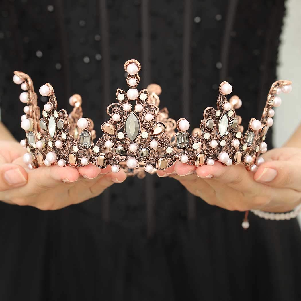Outyua Vintage Baroque Tiaras and Crown Queen Crowns Wedding Tiaras Pearls Crystal Wedding Crown Retro Halloween Crown Tiara Costume Hair Accessories
