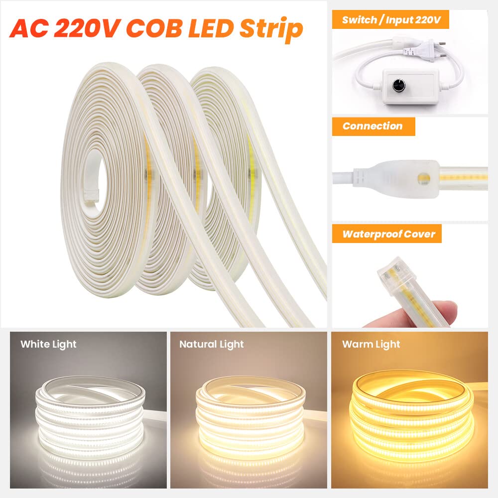 Dimmbar COB LED Streifen 10m,220V 288 LEDs/m FCOB Naturweiß 4000K LED Band CRI>85,Hohe Dichte Flexibler Wasserdichte Superhell COB LED Lichtband mit Dimmer für Schlafzimmer, Schrankbeleuchtung