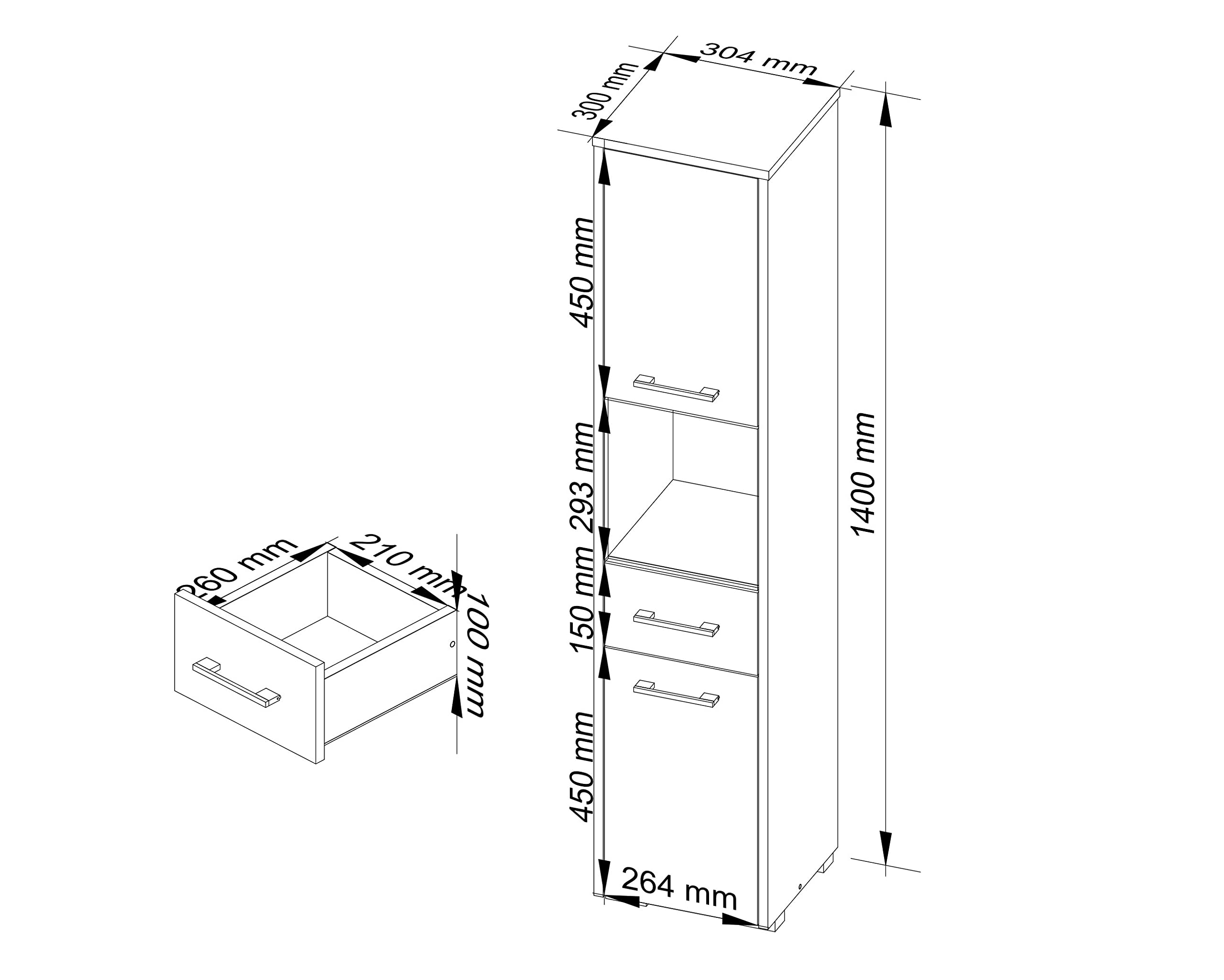 Mobile Alto Bagno 30x140x30 Cm - Con 2 Ante, Cassetto E Ripiano, Bianco - Foto 7