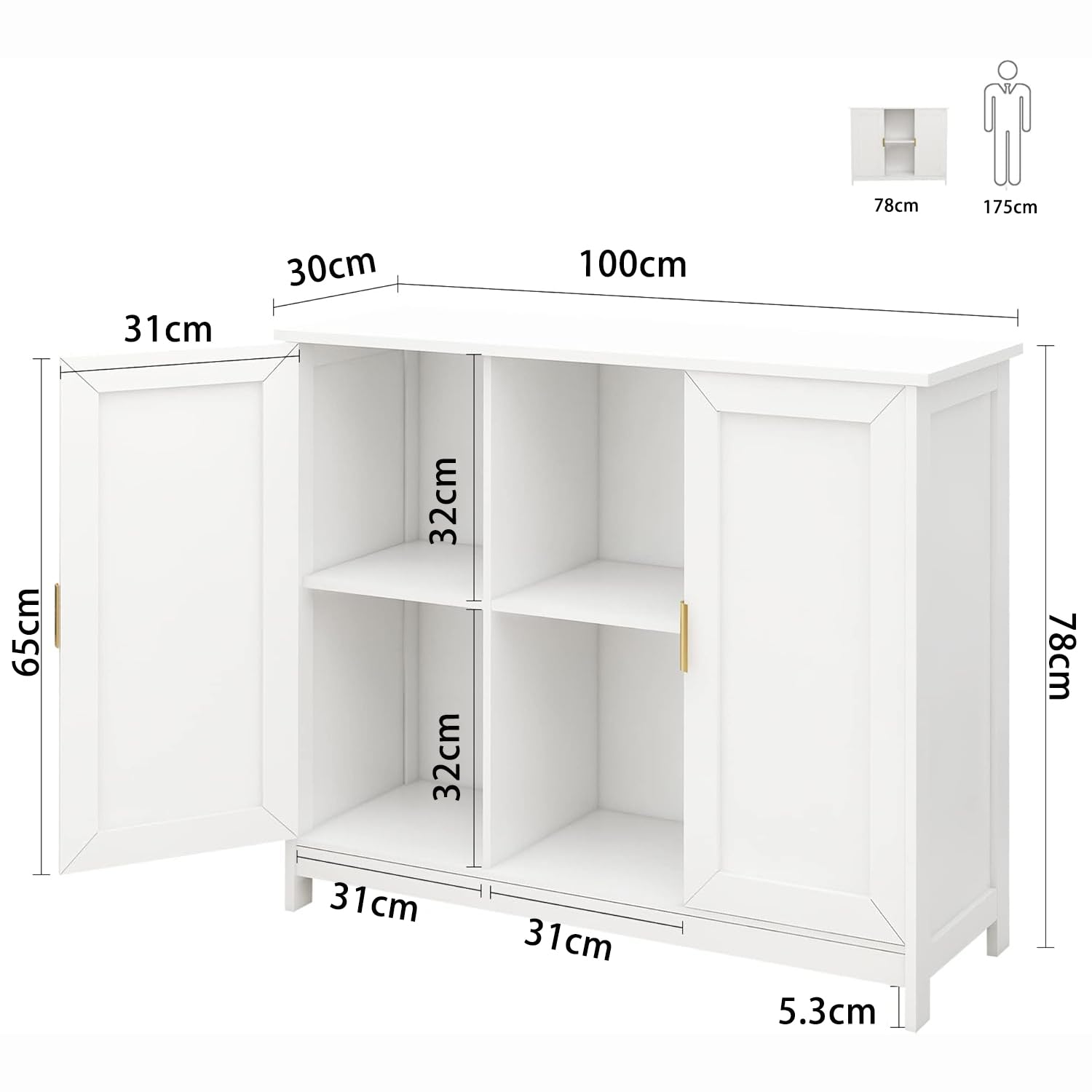 Buffet de Cuisine, Placard de Cuisine, Commode de Cuisine, Meuble de Cuisine avec Espace Ouvert, Buffet de Cuisine en Bois, 30 x 100 x 78 cm, Blanc intégral