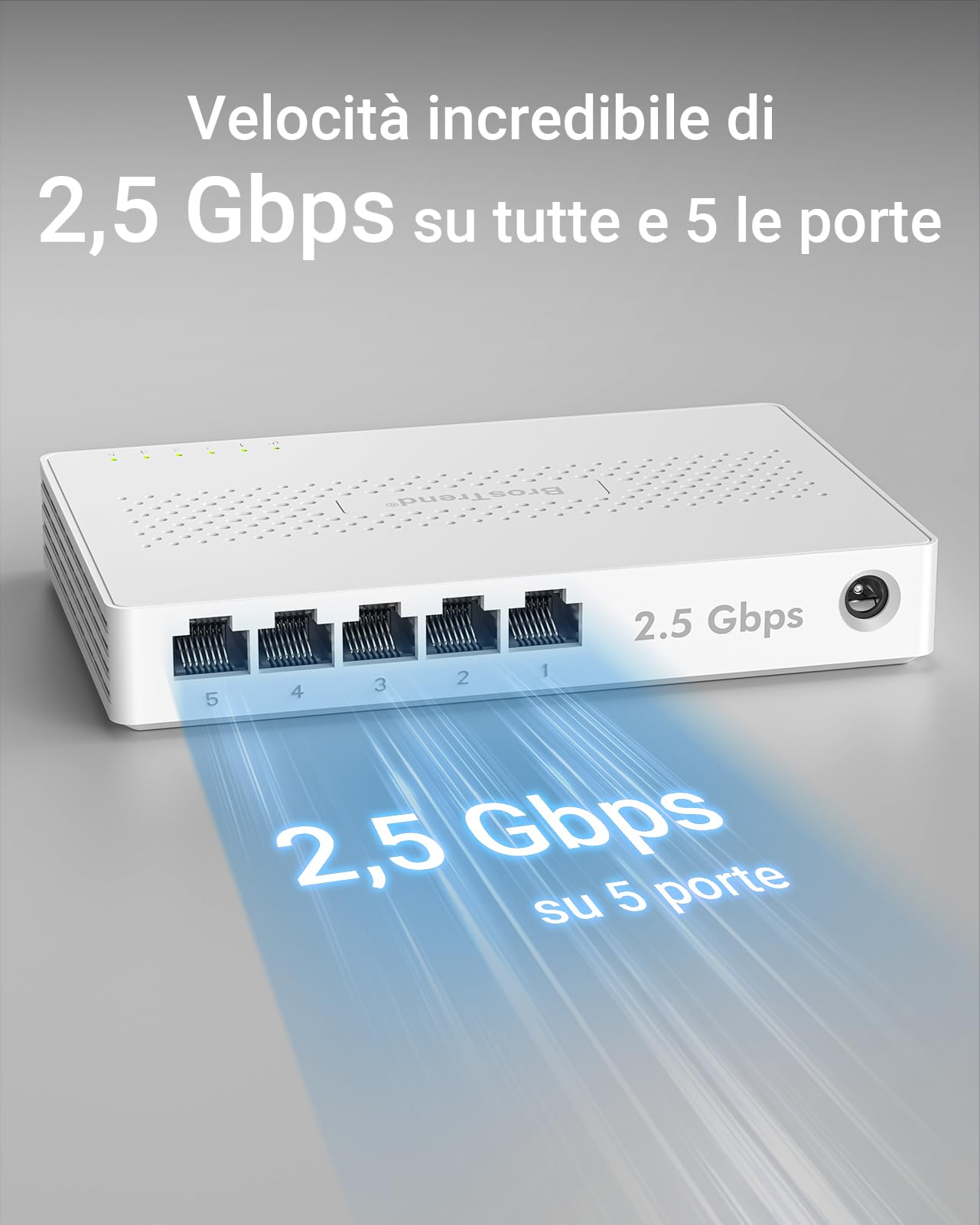 BrosTrend 2,5Gb Switch Ethernet 5 Porte, Unmanaged, Garanzia a Vita | Switch Ethernet 2.5 Gigabit, Sdoppiatore 2,5G Hub, Plug e Play, Senza Ventola, Ideale per Casa/Rete Soho, Desktop O A Parete