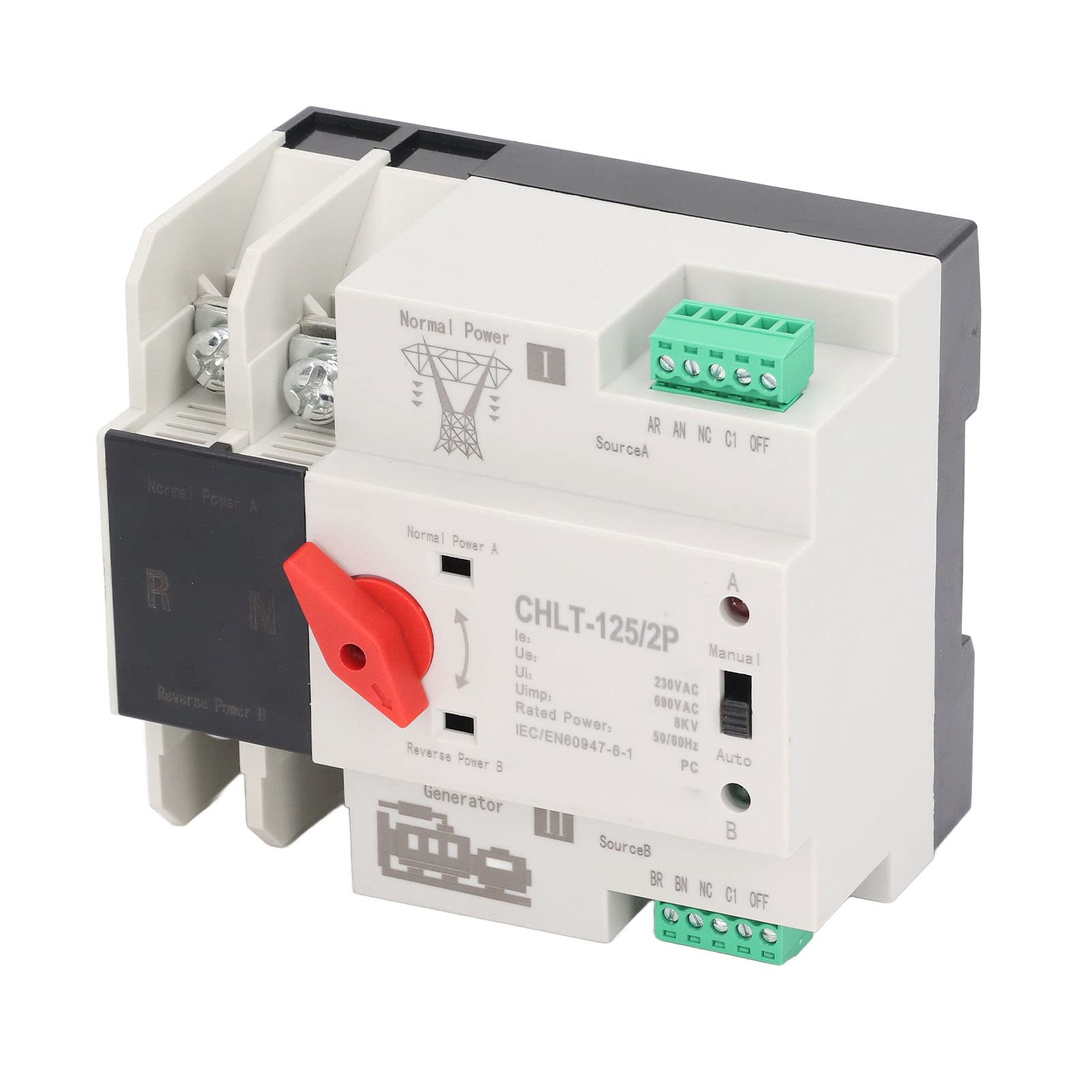 CHLT Interruptor de Transferencia Automática 125A 2P, 230V CA, Doble Potencia con Contacto de Plata, para Fábricas y Centros Comerciales