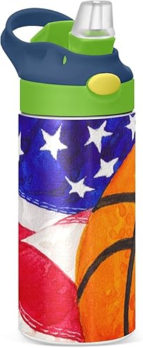 Miniatura 1 de MCHIVER Botella de agua de baloncesto con popote para niños con la bandera de Estados Unidos, con aislamiento de acero inoxidable, termo para la
