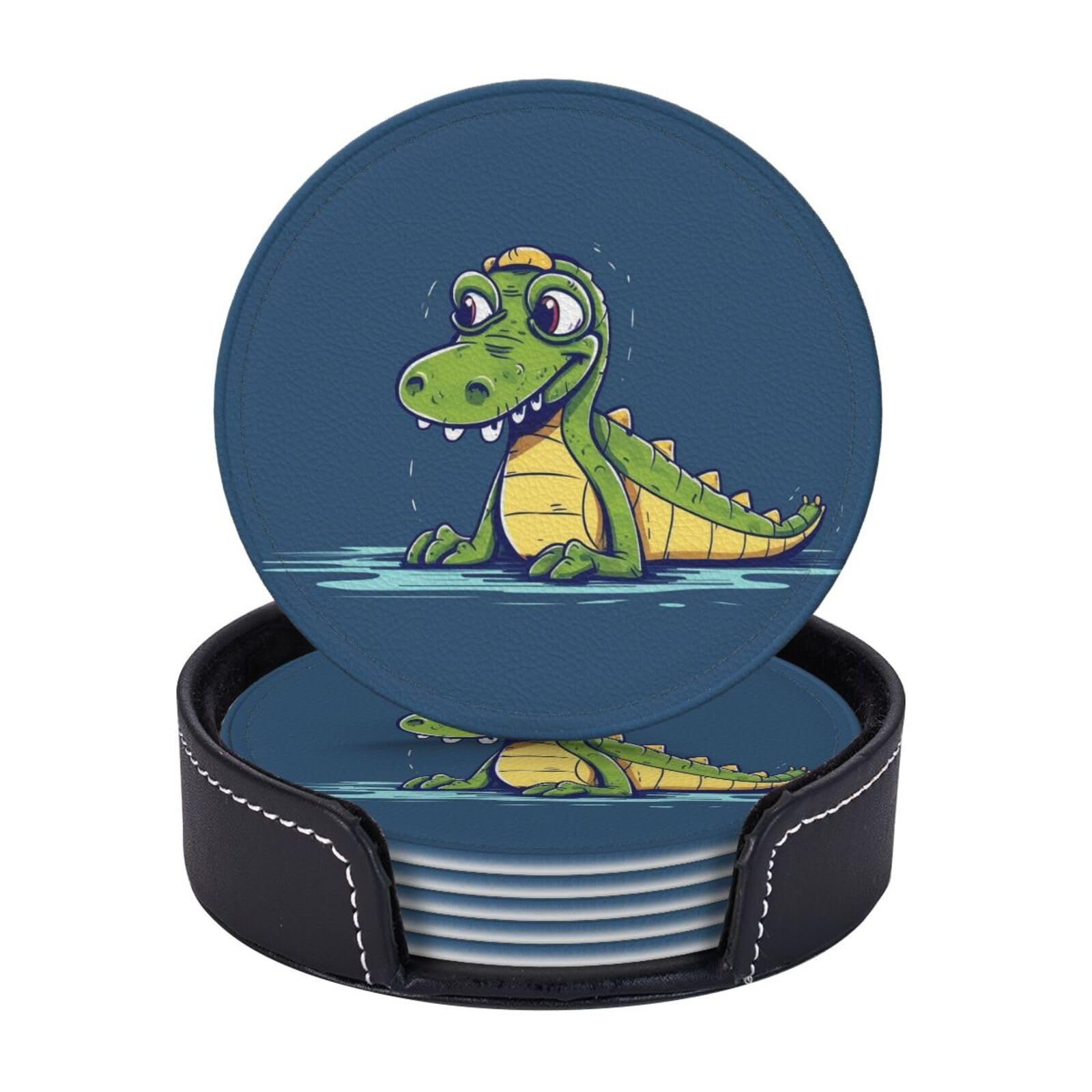 6PCS Drink Coasters with Holder, 4" Leather Coasters for Drinks, Cartoon Crocodile Cup Coasters for Coffee Table Decor, Non-Slip Drinking Cup Mat for Hot or Cold Drink