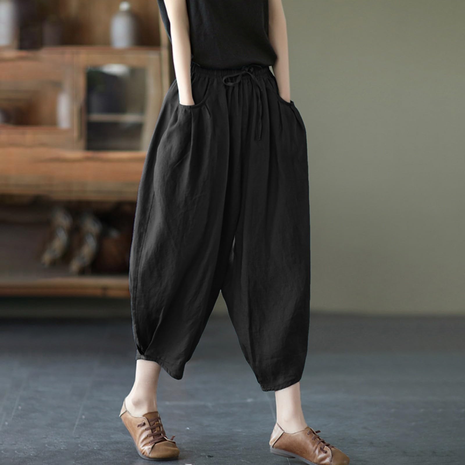 Generisch Pantalons Taille Élastique Ballon Lin Ample Décontracté Femmes Été Short Femme Été Ample