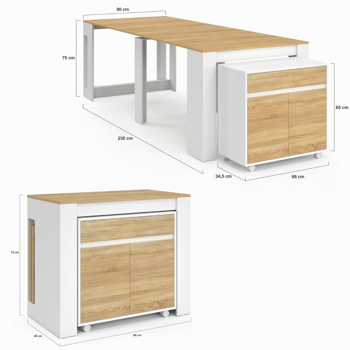 IDMarket - Table Buffet Extensible Orlando 10 Personnes 235 cm Bois Blanc et façon hêtre