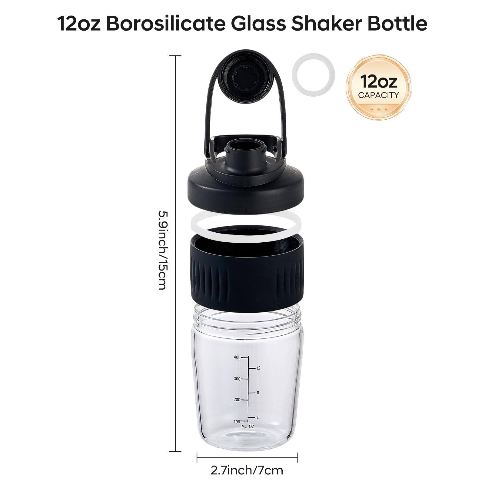 12oz Glass Shaker Bottle for Protein, 2 Pack Small Borosilicate Glass Protein Powder Leak-Proof Shaker Cup Mixes with 304 Blending Ball(12oz,Black) - 4