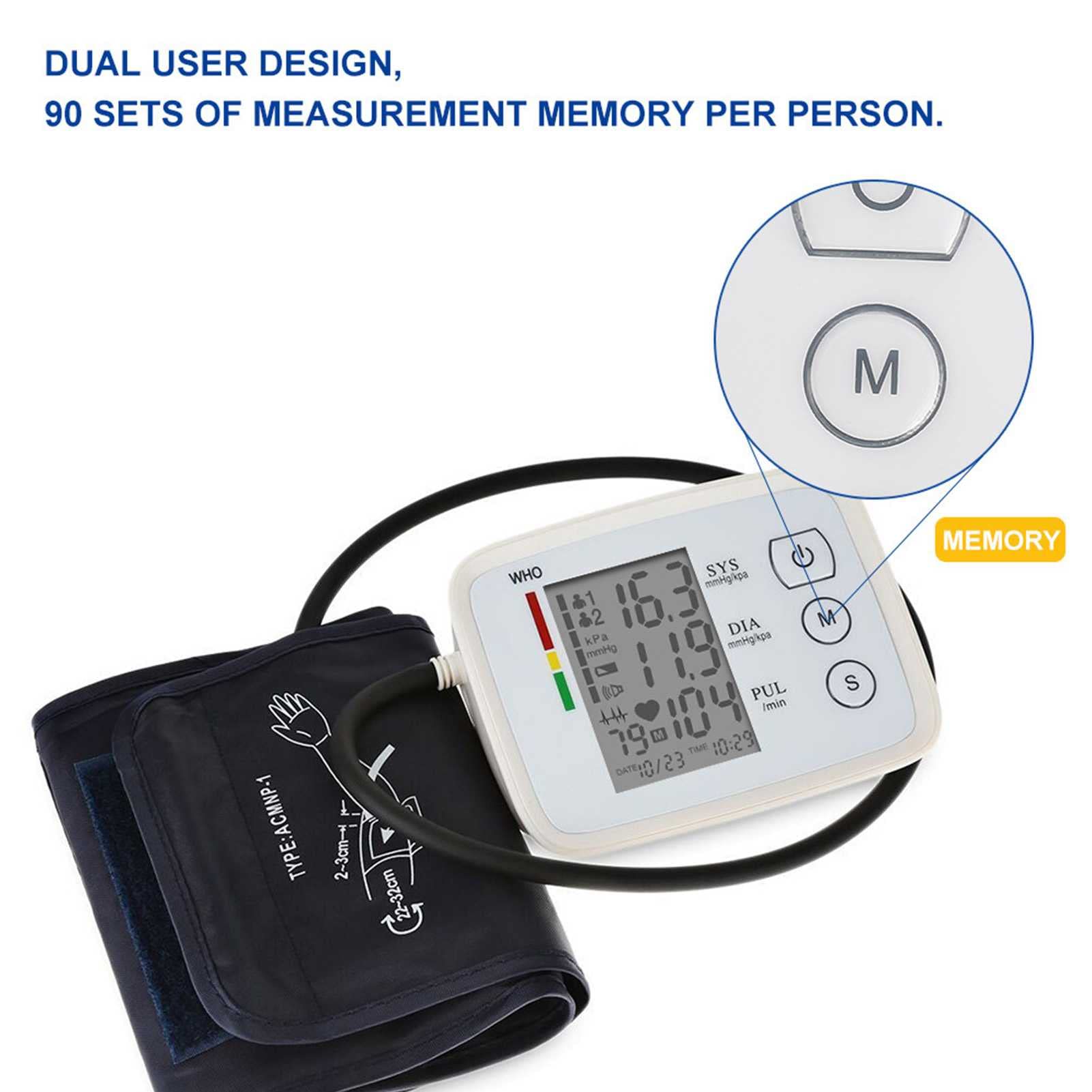 Esfigmomanómetro electrónico de Brazo, 90 Grupos de Datos de Memoria, Pantalla Grande LCD de Alta definición, transmisión en inglés, Monitor de presión Arterial doméstico Multifuncional