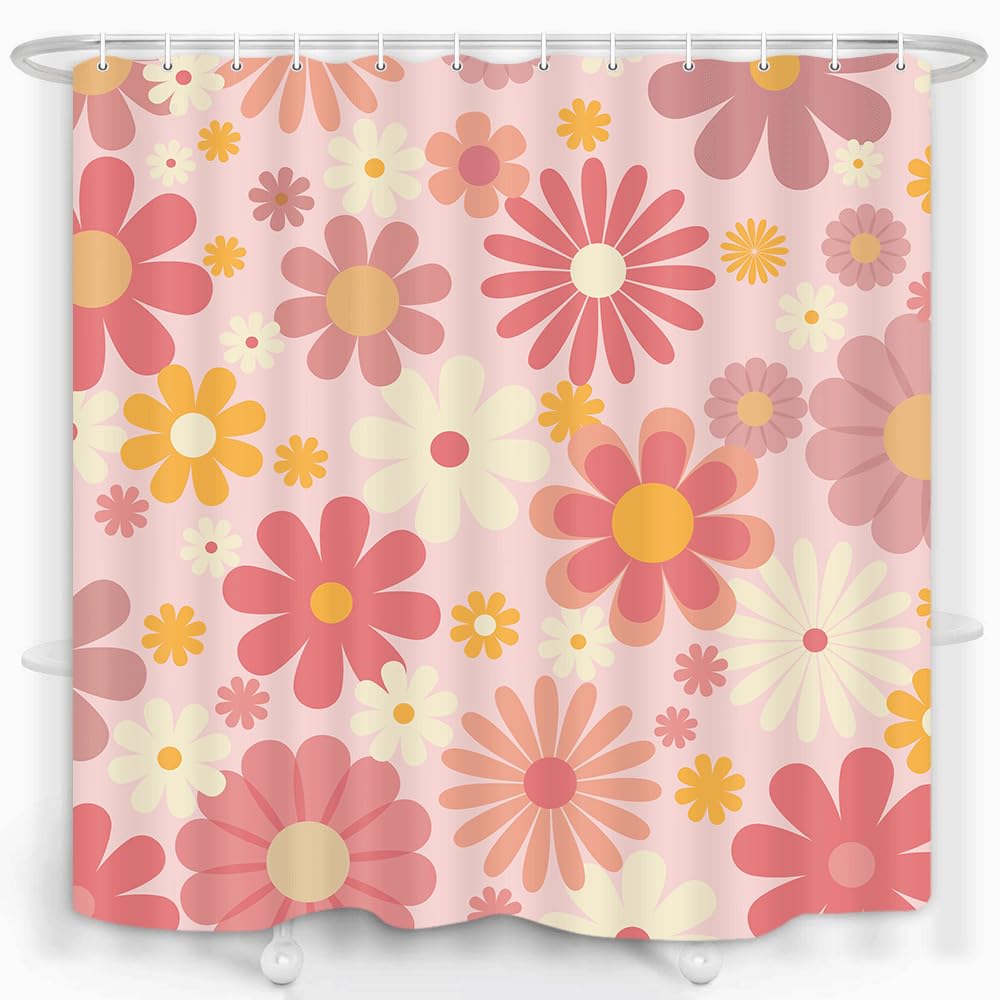 Cute Flower Shower Curtain, Vintage Hippie Funky 70s Sun Flowers Shower Curtains for Bathroom Decor, Pastel Flora Groovy Boho Aesthetic Girls Shower Curtain with 12 Hooks, 70X70IN (Pink, 70X70)